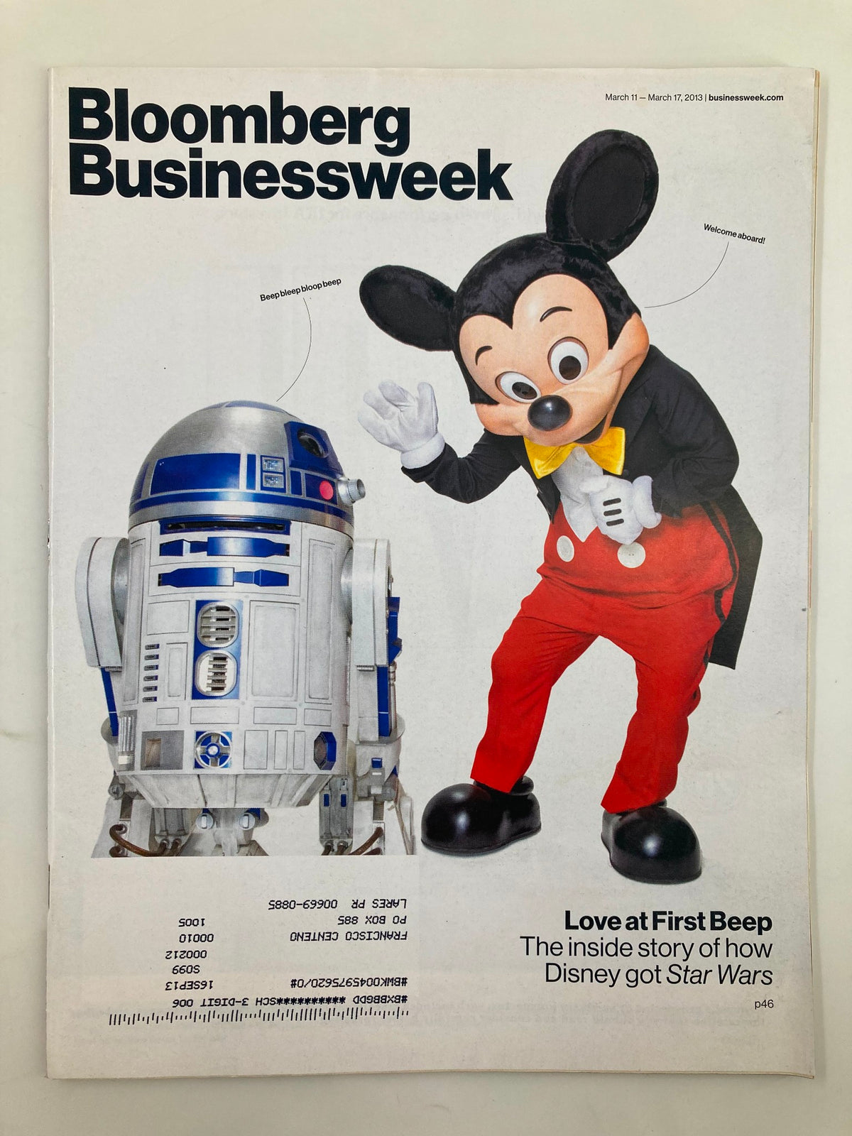Cover of Bloomberg Businessweek Magazine from March 11, 2013, featuring Mickey Mouse and R2-D2 with the headline 'Love at First Beep: The inside story of how Disney got Star Wars'.