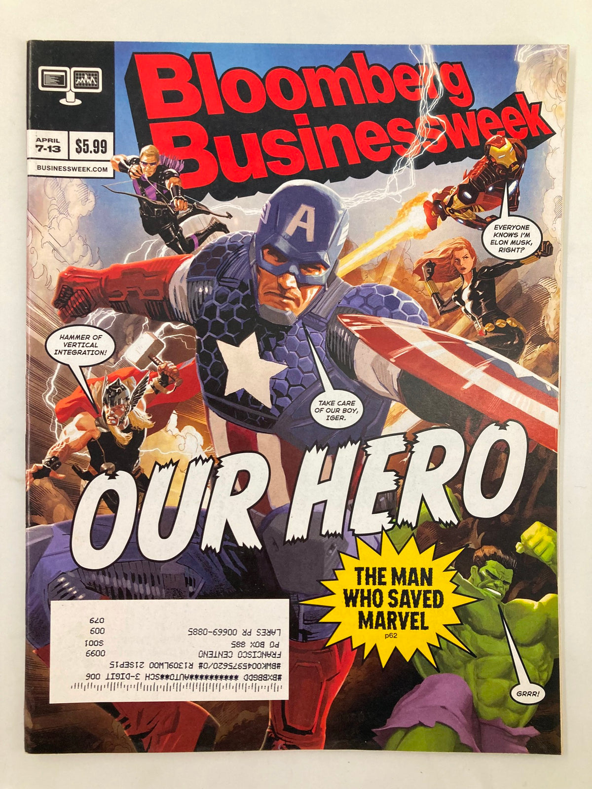 Bloomberg Businessweek Magazine April 7, 2014 cover featuring superheroes with the headline 'Our Hero' and the article title 'The Man Who Saved Marvel', highlighting the resurgence of Marvel in the comic industry.