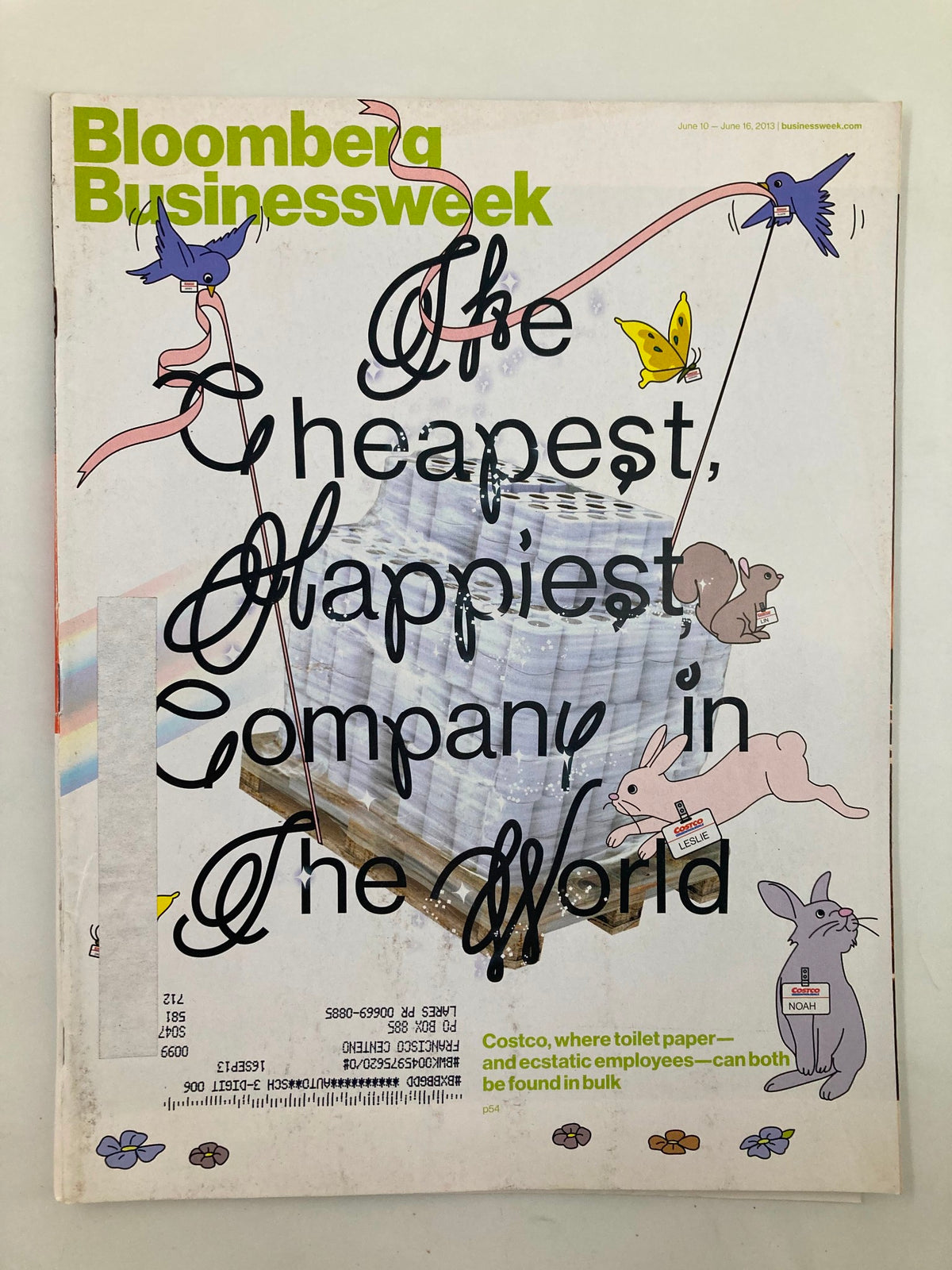 Cover of Bloomberg Businessweek Magazine from June 10, 2013, featuring the title 'The Cheapest, Happiest Company in the World', illustrated with colorful cartoon animals and designs.