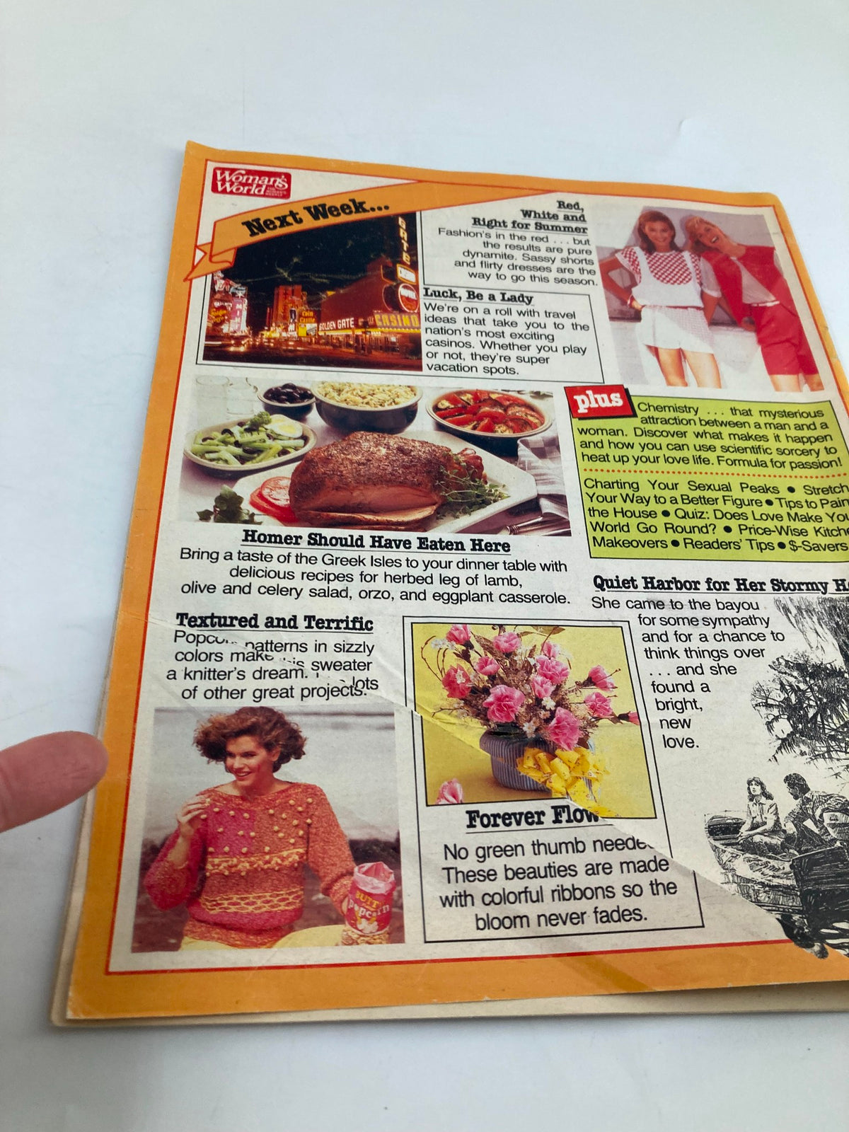 Back page of Woman's World Magazine, April 17 1984, showcasing upcoming features including articles on summer fashion, recipes, and projects, with a colorful layout and images of food and fashion.