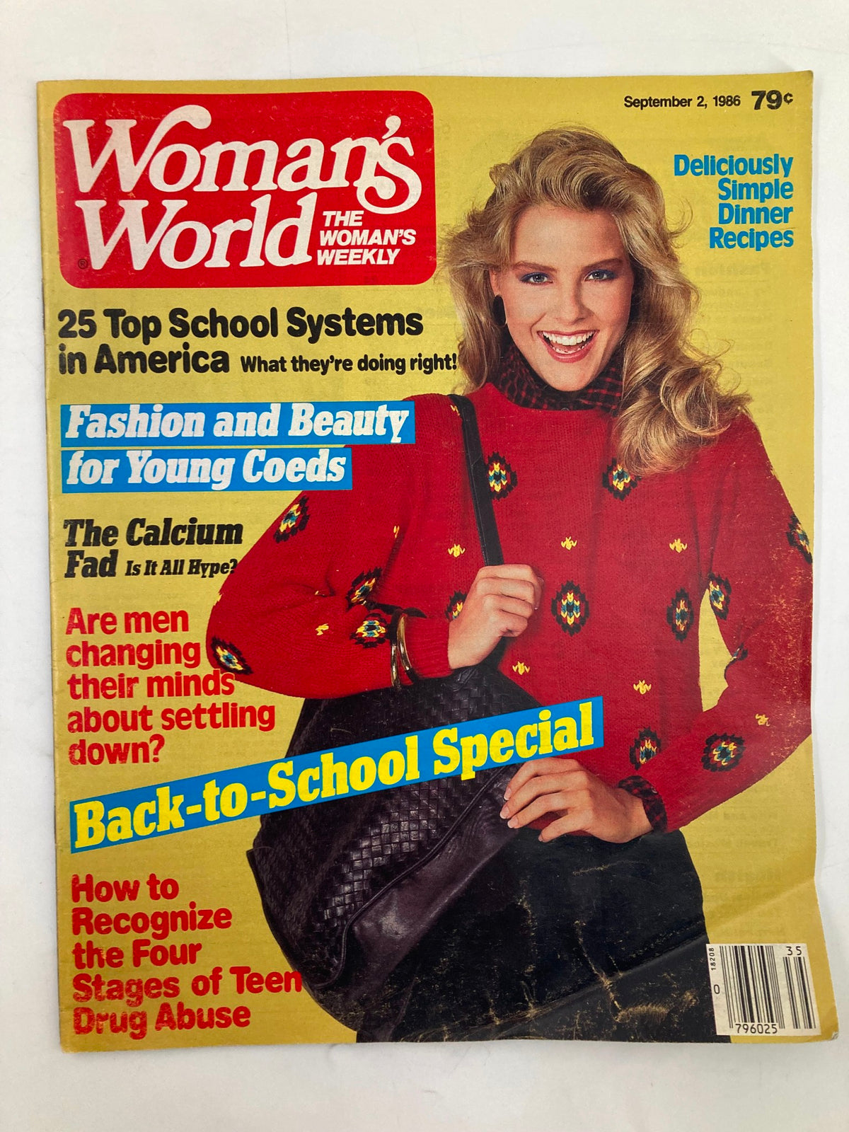 Cover image of Woman's World Magazine from September 2, 1986, featuring an article on the top school systems in America, fashion, beauty for young coeds, and back-to-school specials.