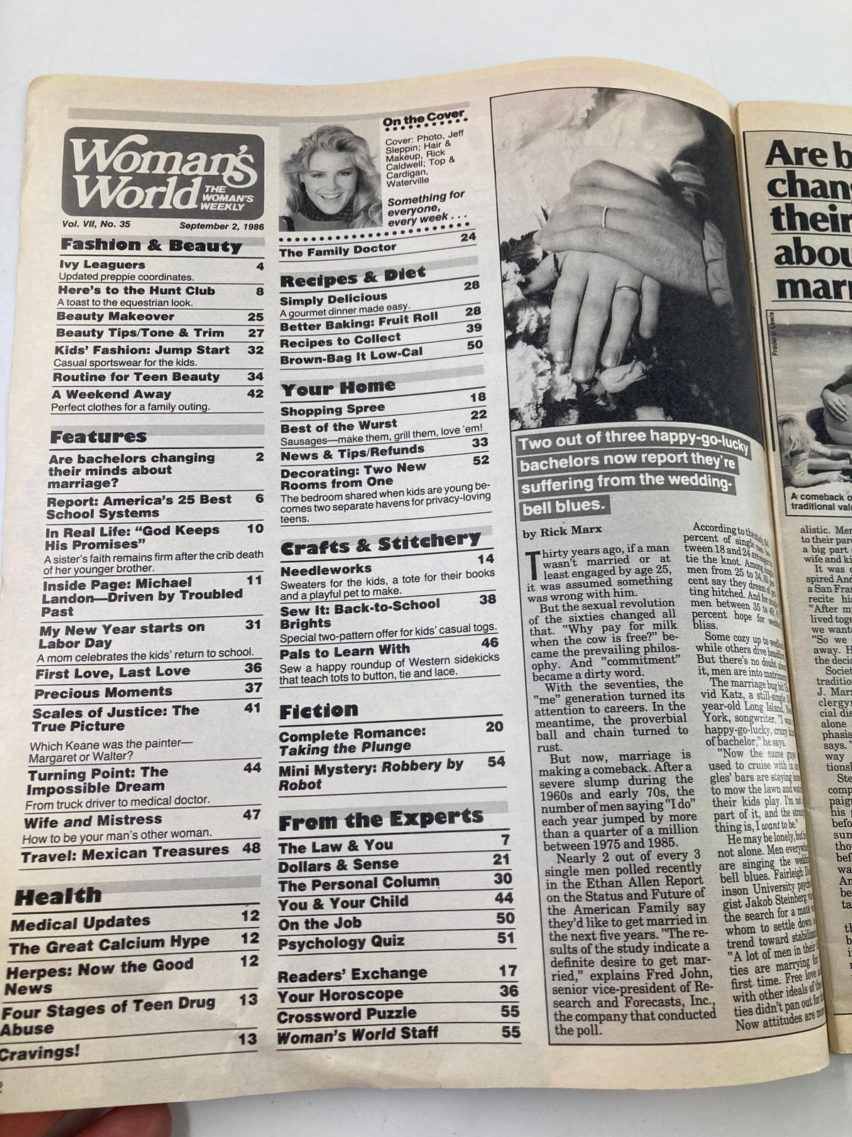 Interior page of Woman's World Magazine September 2, 1986, displaying the table of contents including articles on health, recipes, and beauty tips.