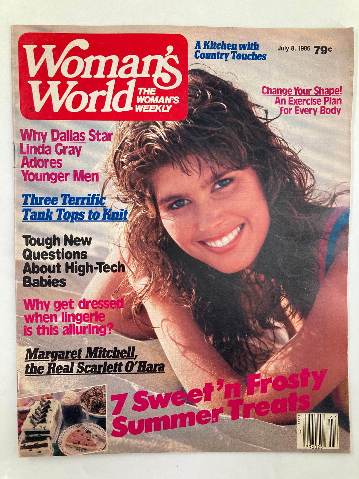 Woman's World Magazine July 8, 1986, featuring the headline about Margaret Mitchell as the Real Scarlett, with a vibrant cover image showcasing a smiling woman with curly hair. The magazine includes articles on health, beauty, and summer recipes.