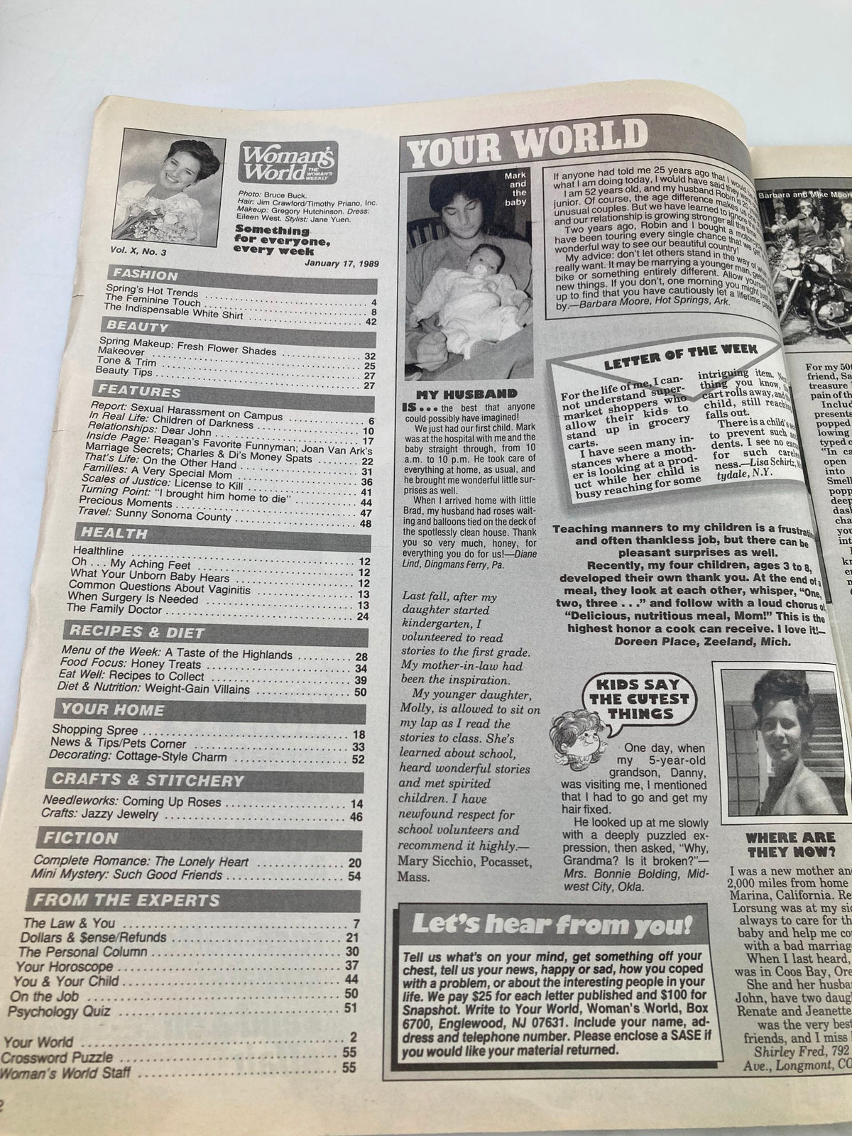 Interior page of Woman's World Magazine January 17 1989 with article highlights, including sections on fashion, health, and personal stories.
