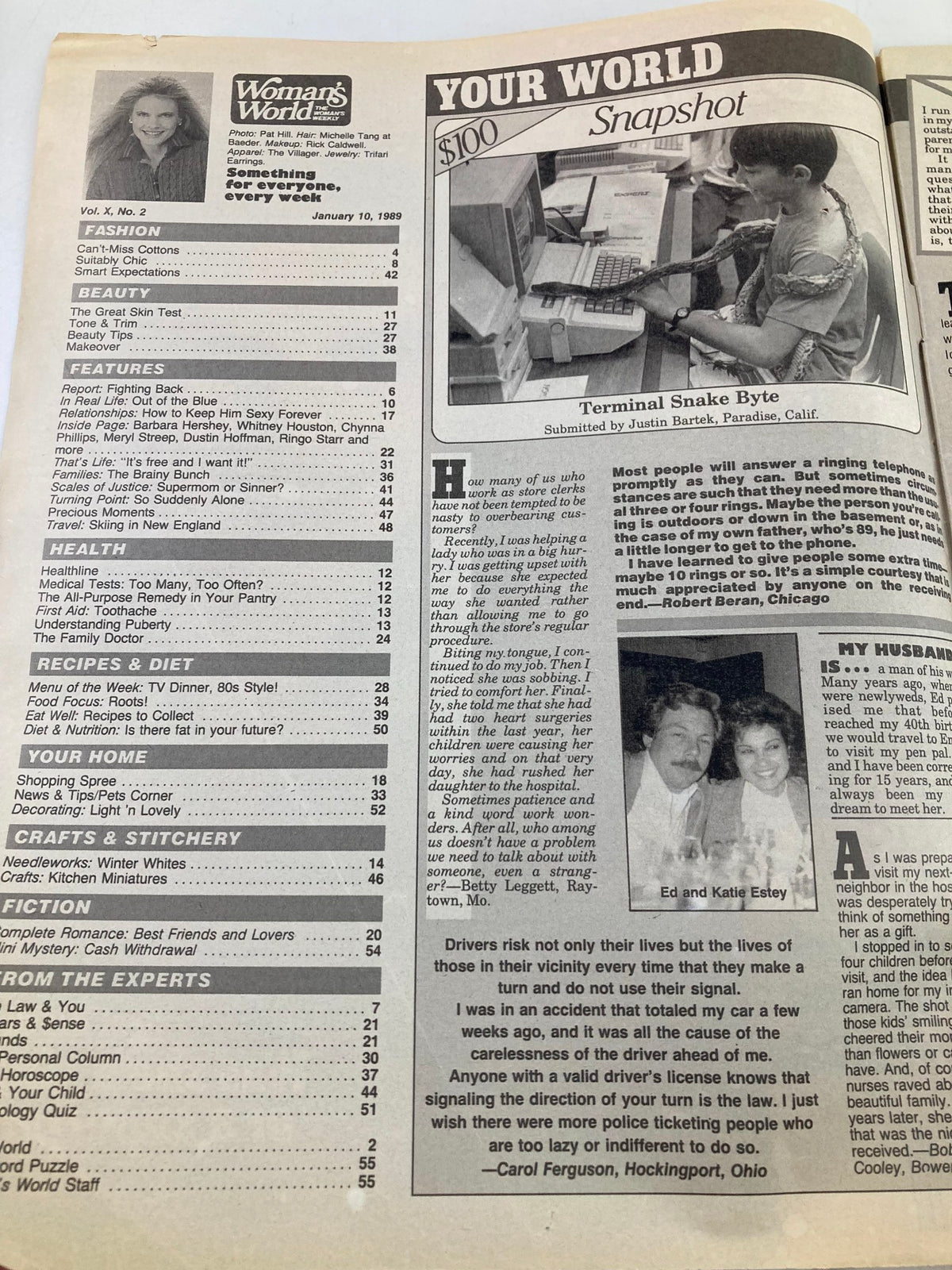 Inside page of Woman's World Magazine January 10, 1989 displaying the table of contents, featuring articles on health, relationships, and recipes.