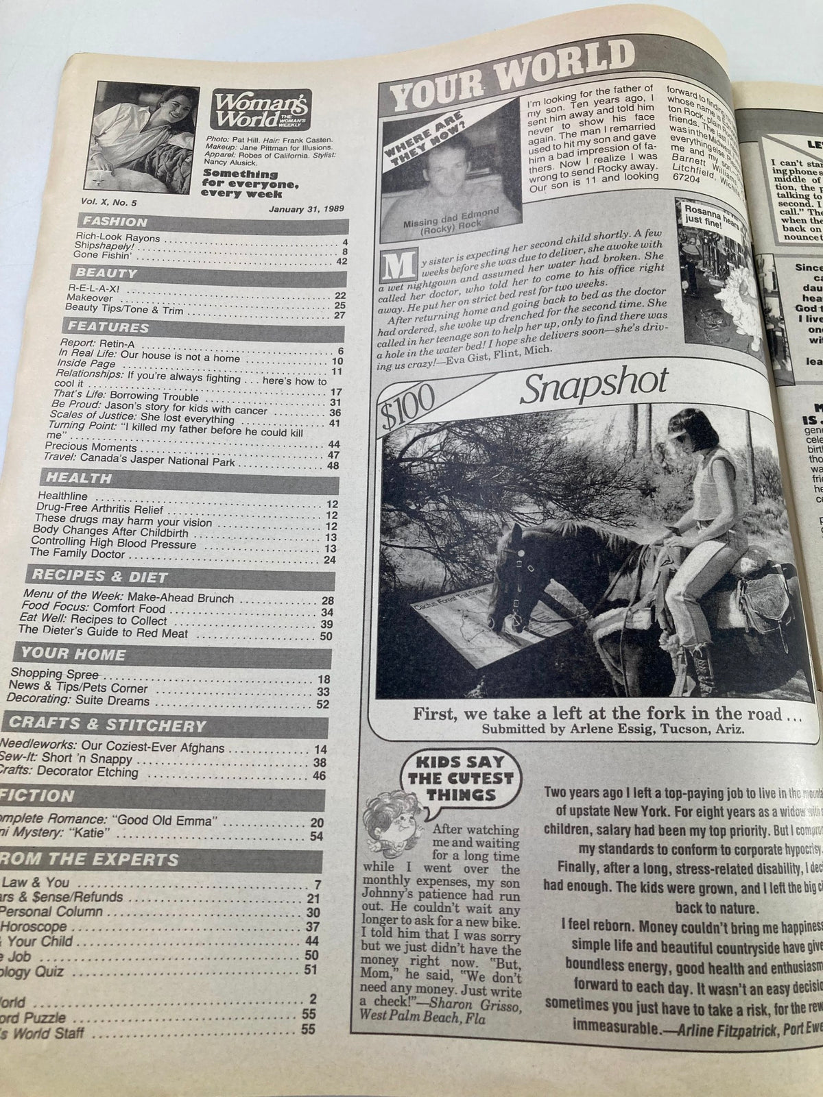 Inside page of Woman's World Magazine January 31, 1989, displaying the table of contents with articles on fashion, health, recipes, and a segment named 'Your World' with a snapshot submission.