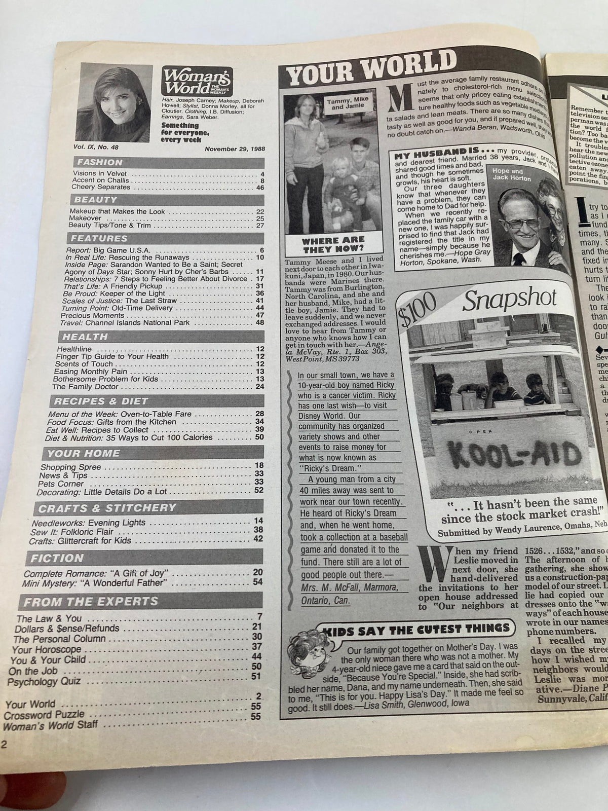 Interior page of Woman's World Magazine November 29 1988 displaying a table of contents with various sections such as Fashion, Beauty, Health, and a feature titled 'YOUR WORLD'. The magazine emphasizes helpful tips and stories for women.