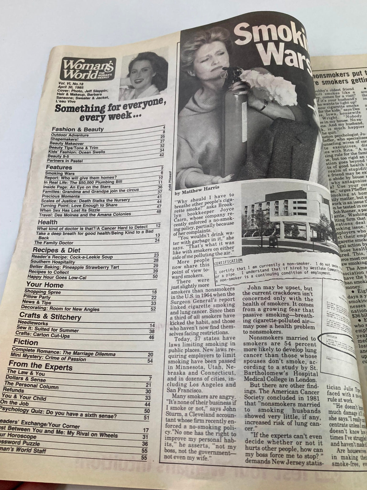 Inside page of Woman's World Magazine April 30, 1985, showcasing article titles and content related to health, recipes, and lifestyle tips.