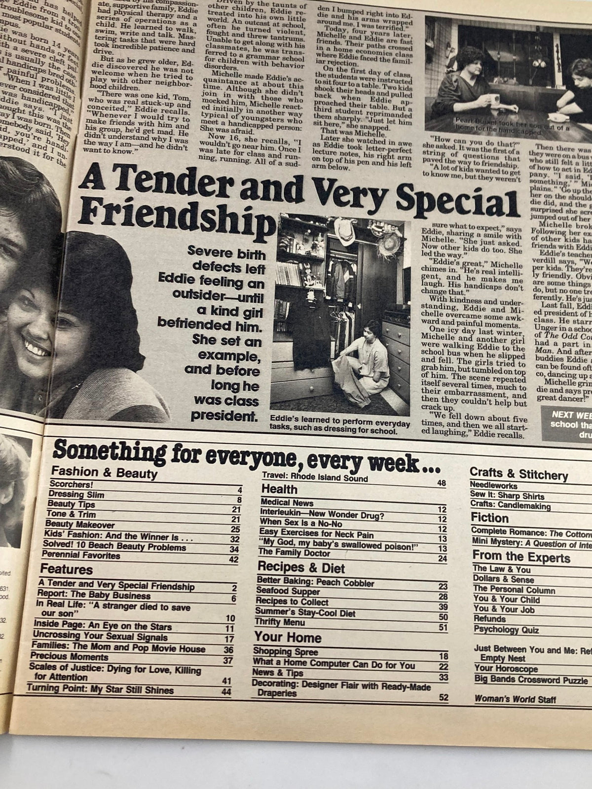 Interior page of Woman's World Magazine July 17 1984 displaying an article titled 'A Tender and Very Special Friendship,' highlighting personal stories and magazine features on beauty and health.