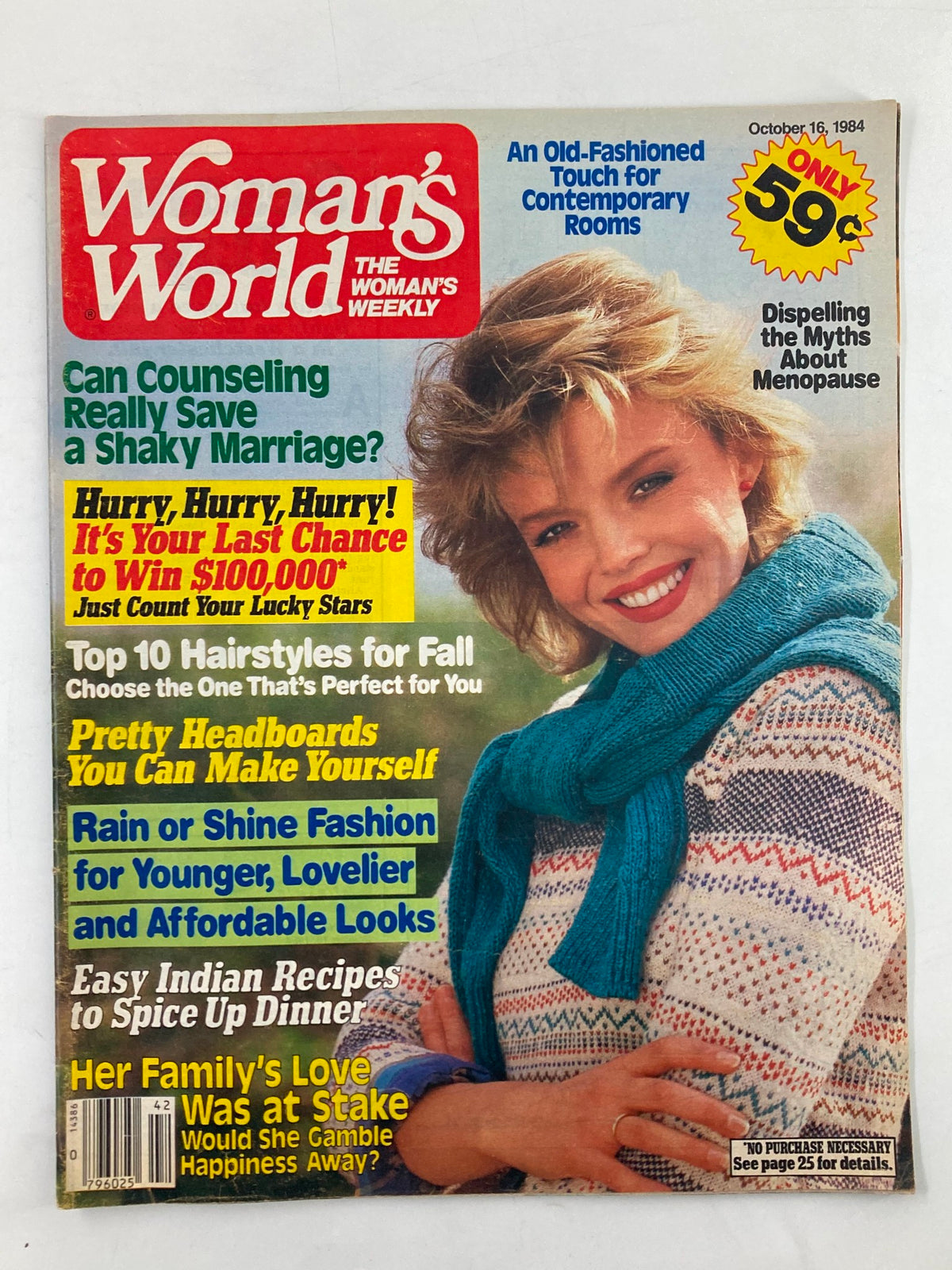 Cover of Woman's World Magazine, October 16, 1984, featuring articles on marriage counseling, hairstyles, and easy Indian recipes, and a focus on winning $100,000.