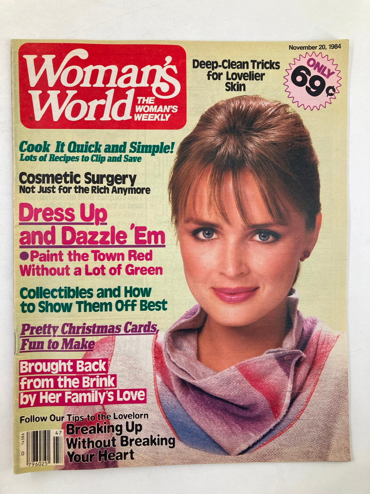 Cover of Woman's World Magazine, November 20, 1984, featuring the headline '100 Days in Coma.' The magazine includes articles on cooking, cosmetic surgery, and seasonal crafts, showcasing the cover model with a stylish hairdo.
