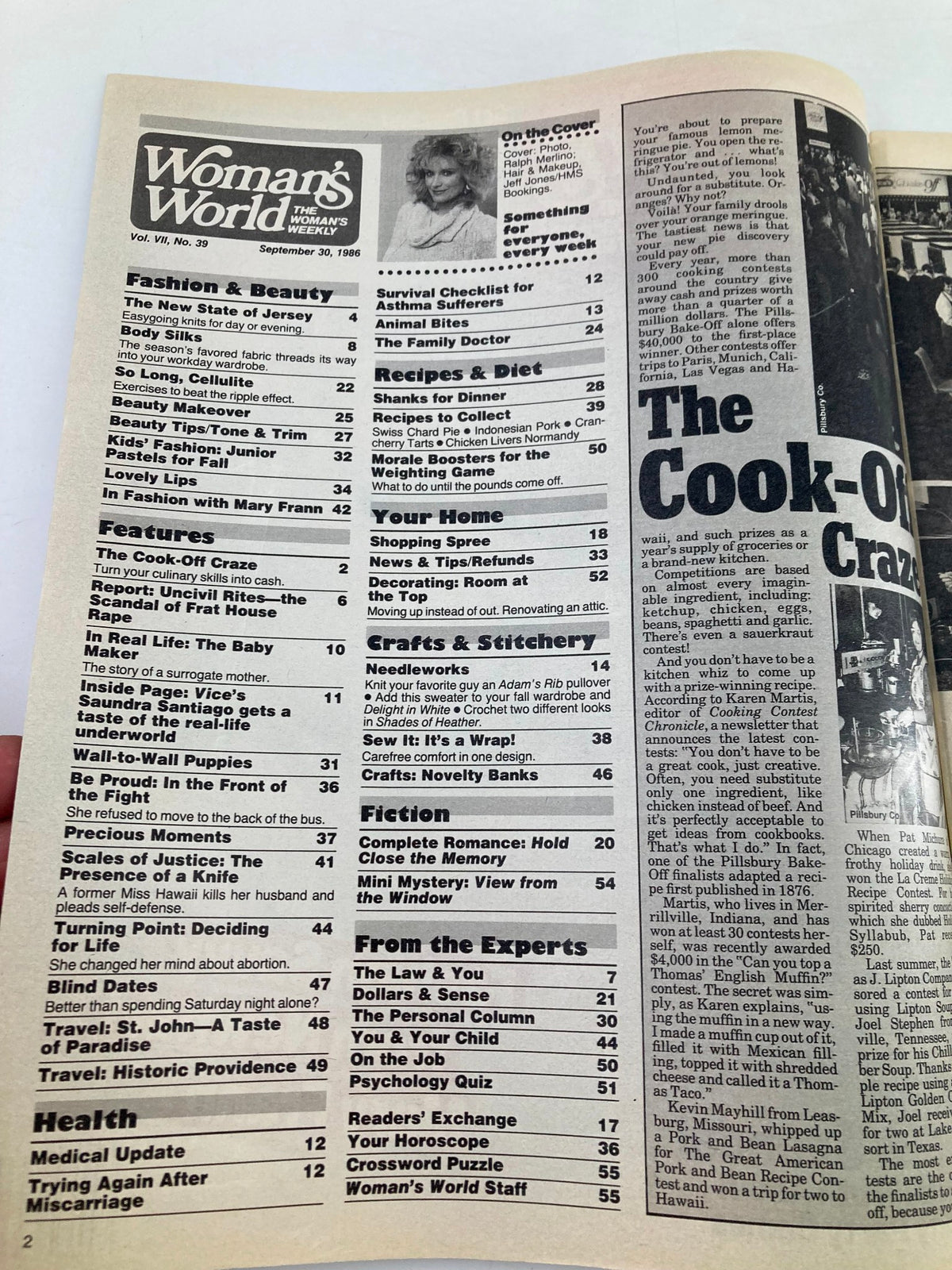 Inside page of Woman's World Magazine September 30 1986 displaying the table of contents with various features on fashion, recipes, and health topics.