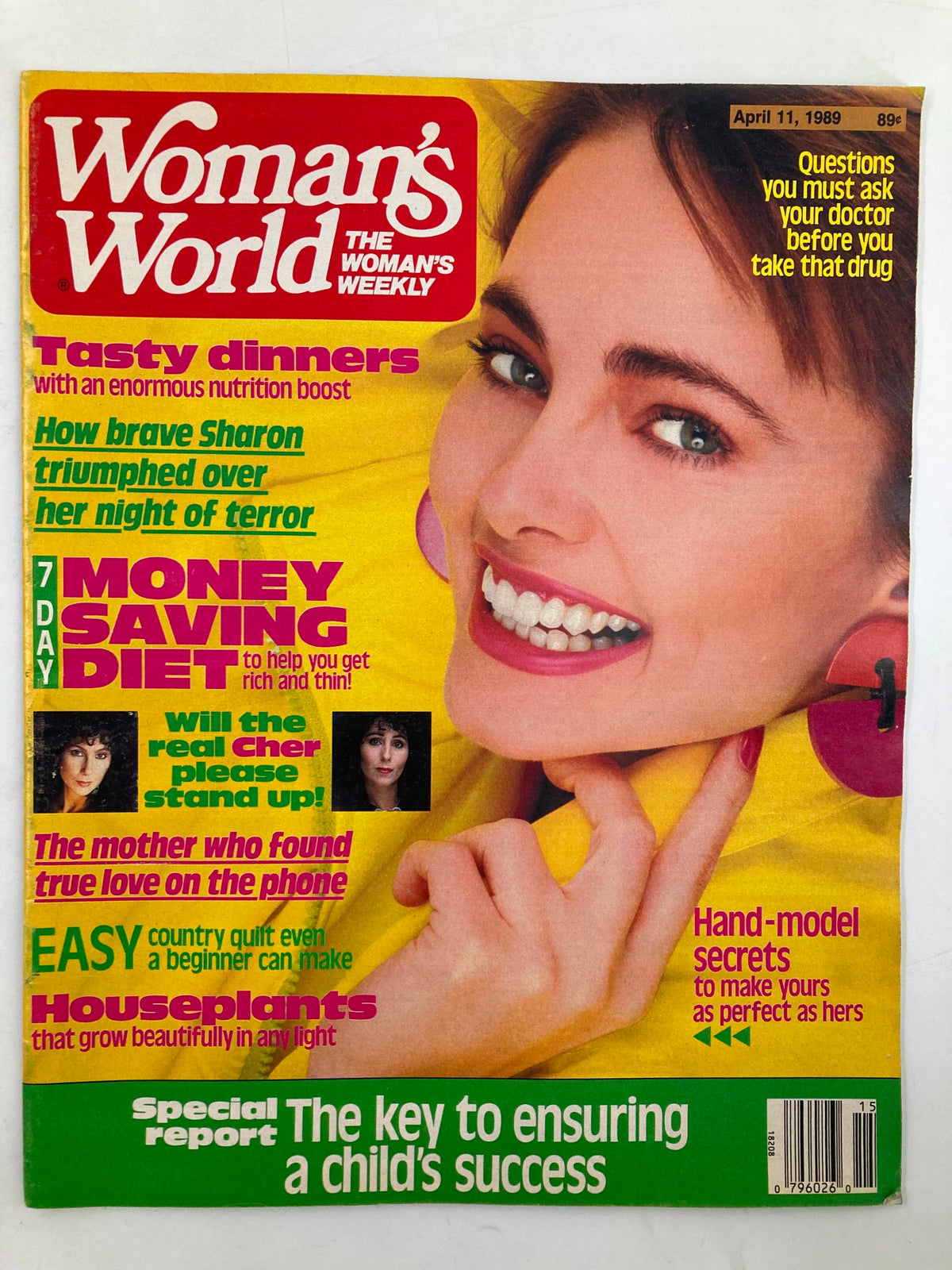 Cover of Woman's World Magazine, April 11, 1989, featuring a smiling woman, headlines about diets and features, and the tagline 'Will the Real Cher Please Stand Up'.