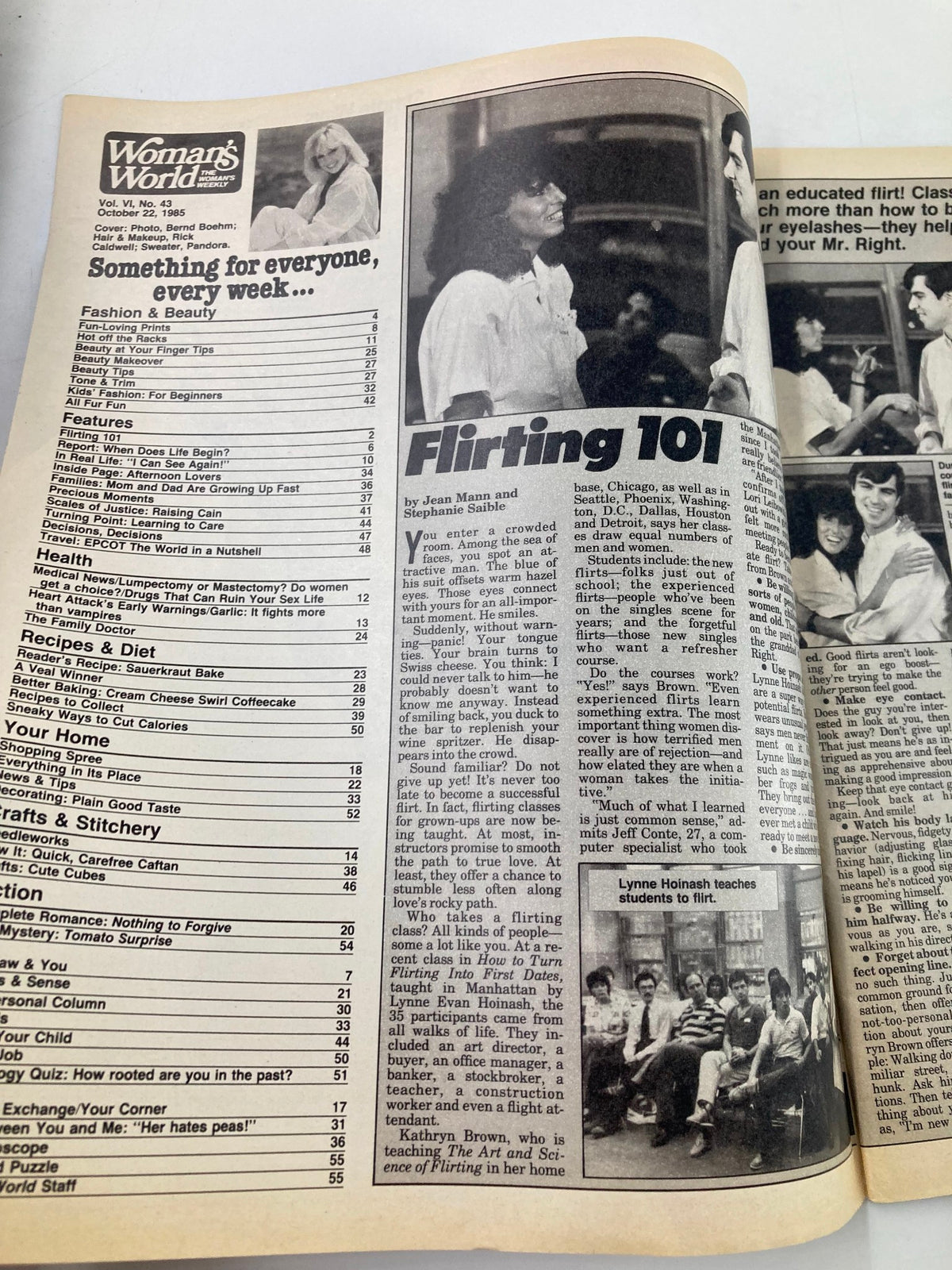Interior page of Woman's World Magazine October 22, 1985 displaying an article titled 'Flirting 101', discussing tips on attraction and social interaction in a lifestyle context.