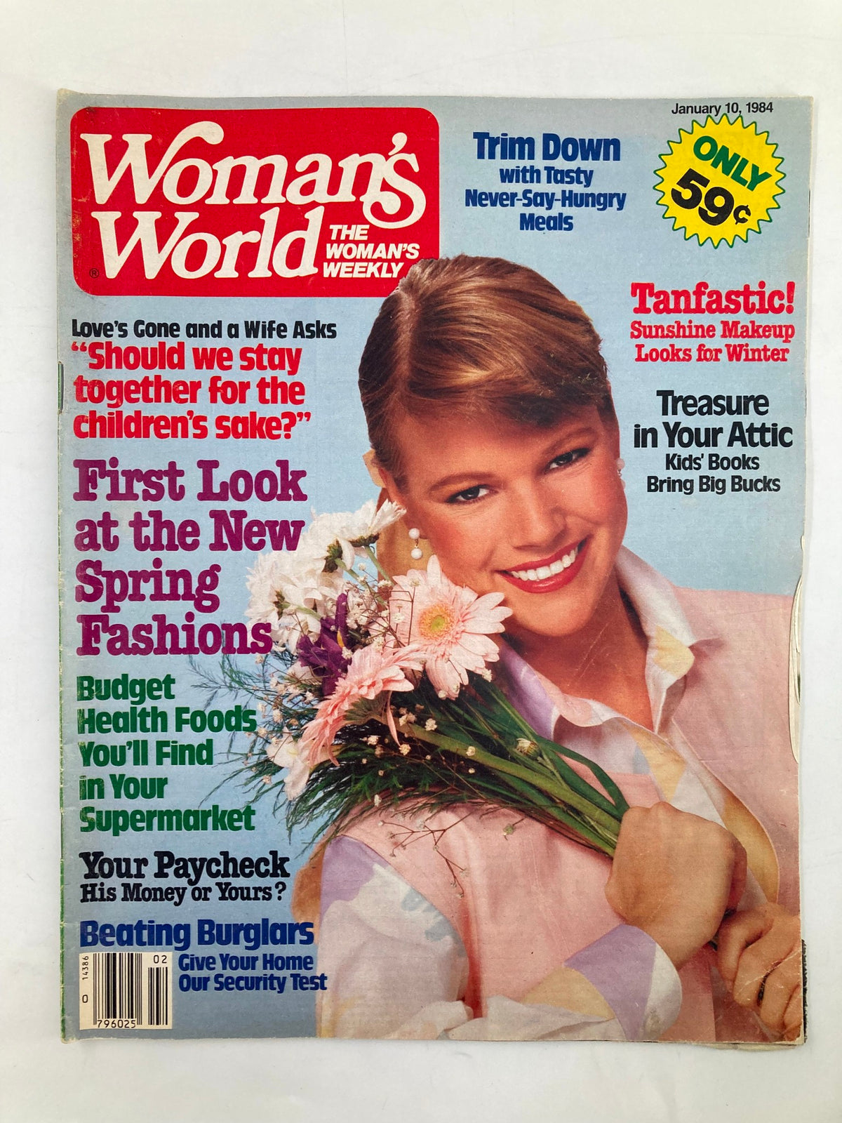 Cover of Woman's World Magazine January 10 1984 featuring a woman with flowers, showcasing articles on health, fashion, and family support.