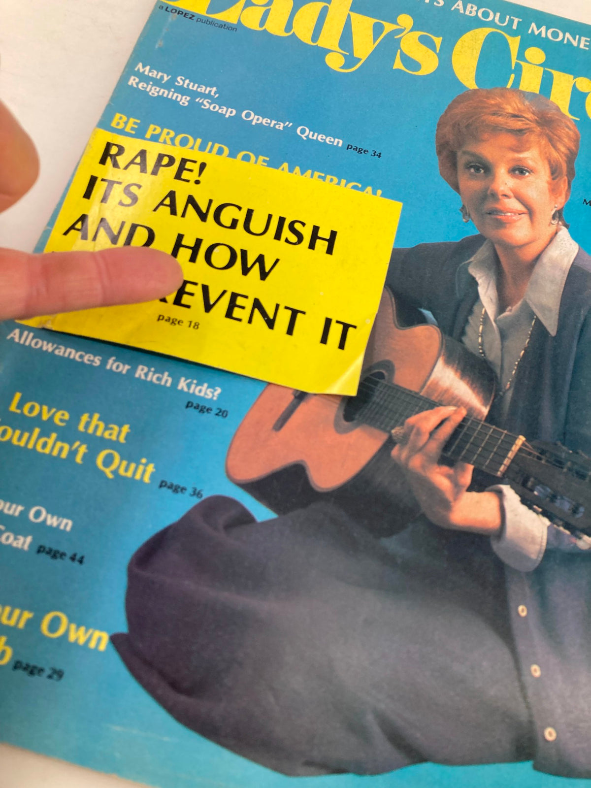 Cover of 'VTG Lady's Circle Magazine March 1975' featuring Mary Stuart, the 'Soap Opera Queen,' with a yellow sticker about a special article on rape prevention. The magazine includes various articles and is in good condition.