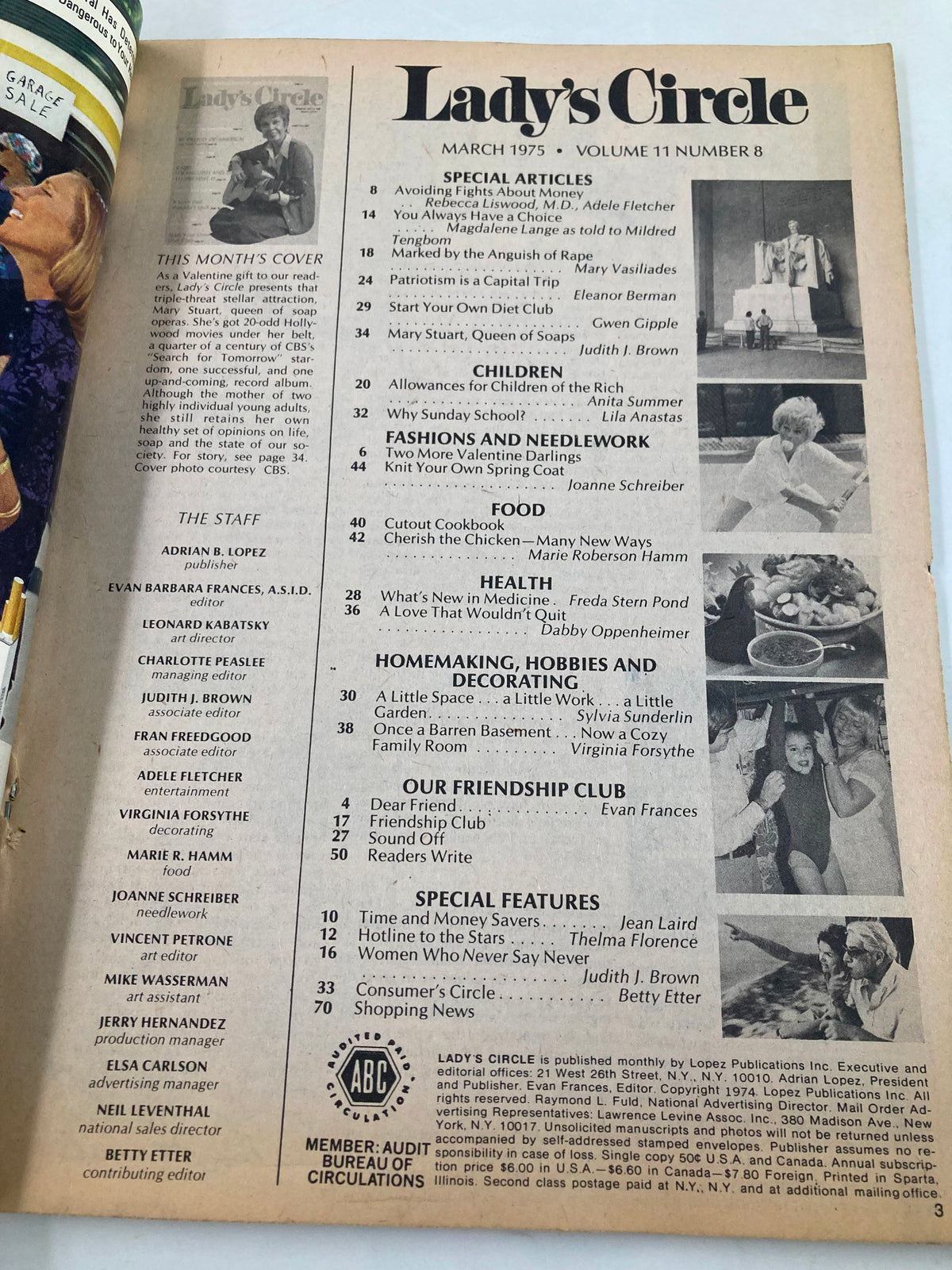Inside page of 'VTG Lady's Circle Magazine March 1975' showing the table of contents with a list of articles including topics on health, children, and homemaking, reflecting the magazine's focus on women's interests.