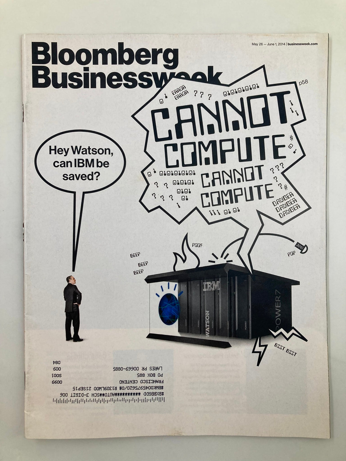 Cover of Bloomberg Businessweek Magazine May 26, 2014, featuring the headline 'Hey Watson, can IBM be saved?' with graphics illustrating the 'CANNOT COMPUTE' theme and a depiction of IBM's Watson technology.