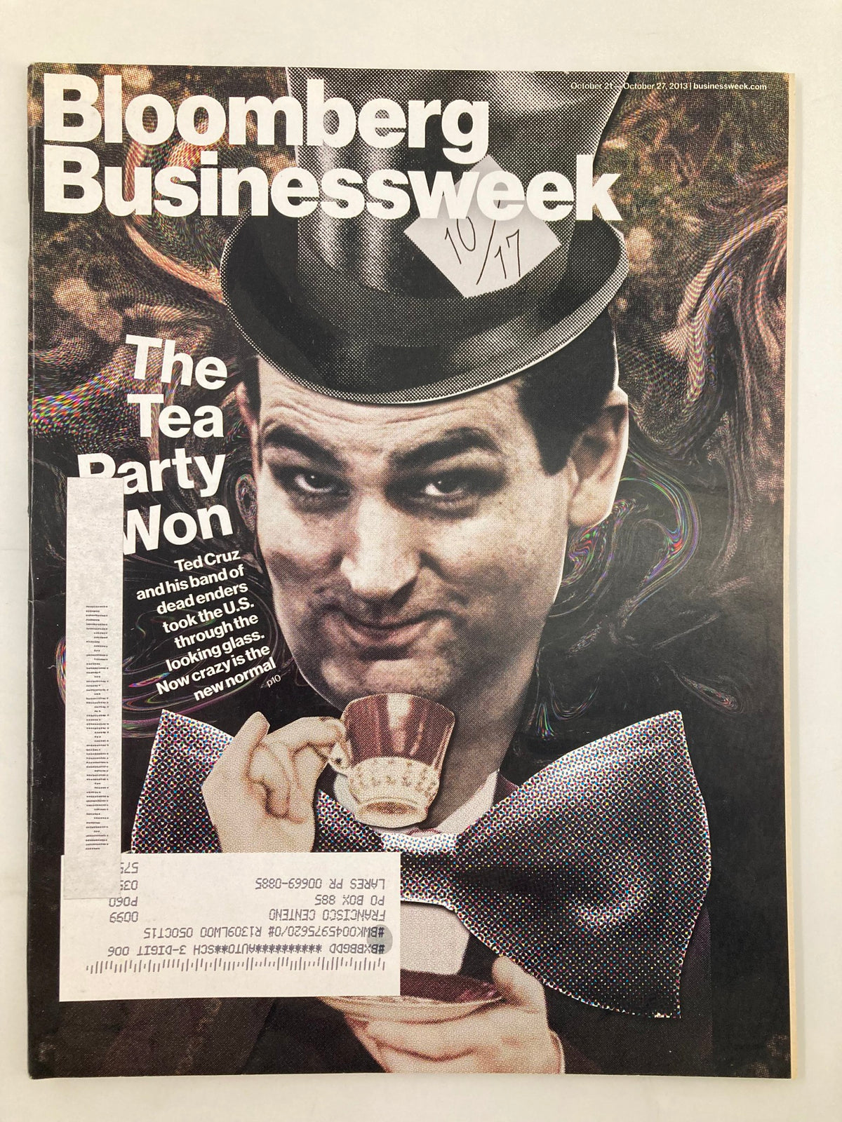 Cover of Bloomberg Businessweek Magazine from October 21, 2013 featuring Ted Cruz with the headline 'The Tea Party Won'. The image depicts Cruz in a suit and bow tie, holding a teacup, emphasizing the political themes of the issue.