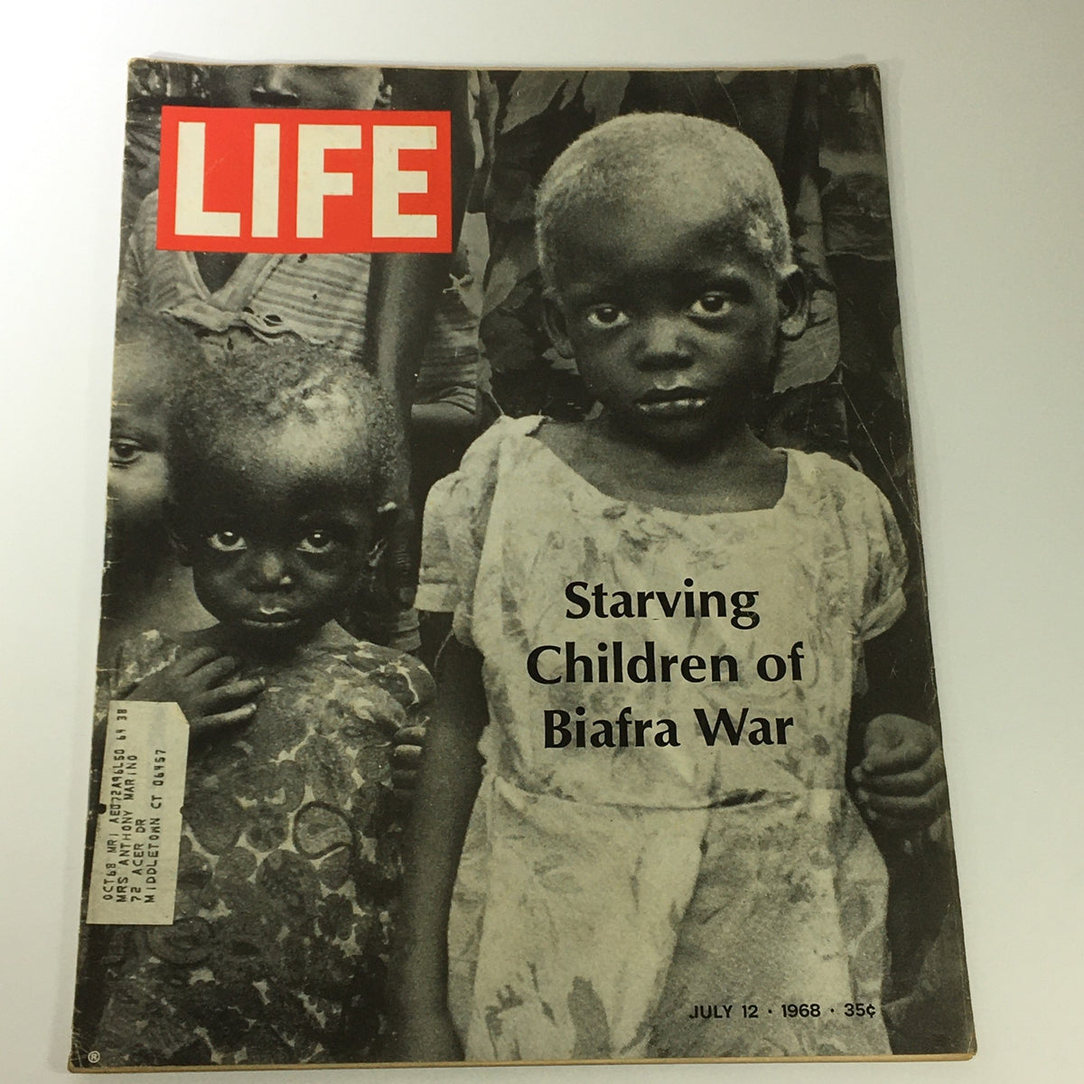 Cover of VTG Life Magazine dated July 12, 1968, featuring the title 'Starving Children of Biafra War'. The cover depicts two children affected by the Biafran War, highlighting the humanitarian crisis.