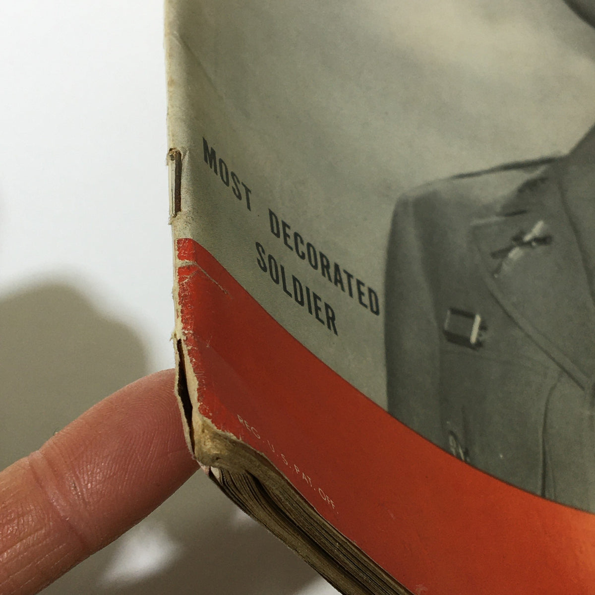 Close-up of the corner of VTG Life Magazine July 16 1945, highlighting the text 'Most Decorated Soldier' on the cover.