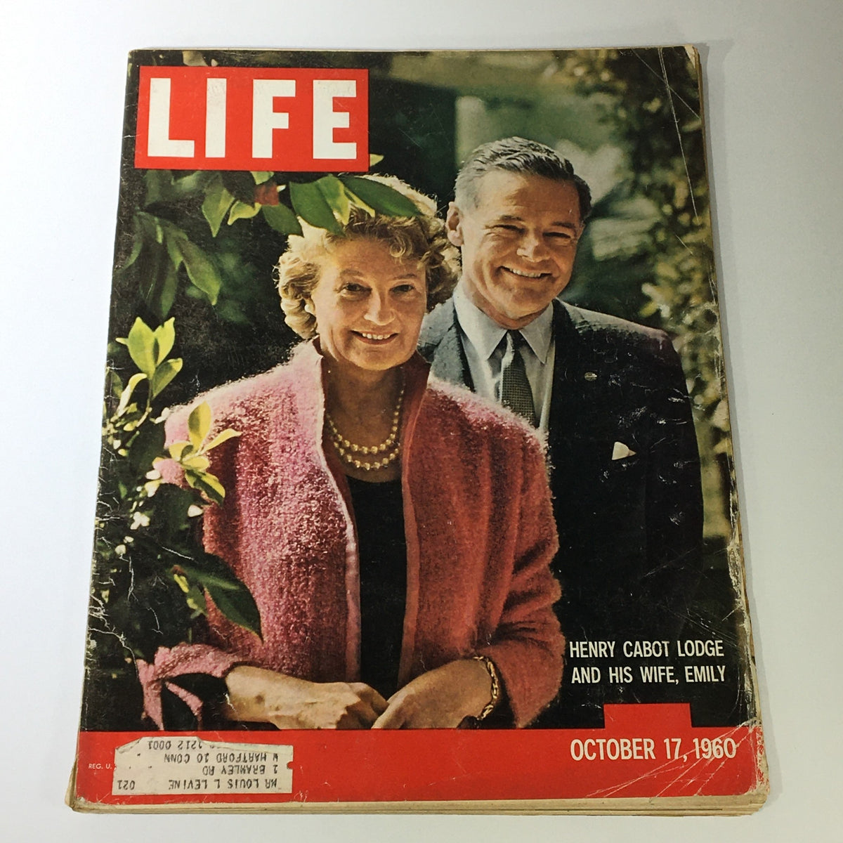 Cover of VTG Life Magazine October 17 1960 featuring Henry Cabot Lodge and his wife Emily, showcasing vintage photography and historical significance.