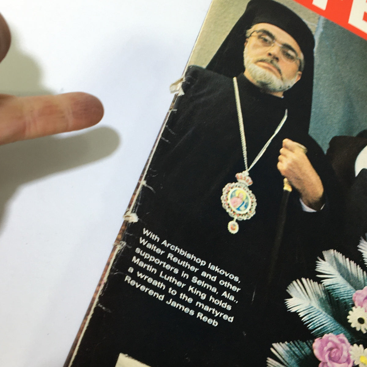 Close-up of the cover of VTG Life Magazine March 26 1965, showing Archbishop Iakovos in religious attire, with a caption discussing Martin Luther King and civil rights, capturing important historical figures.