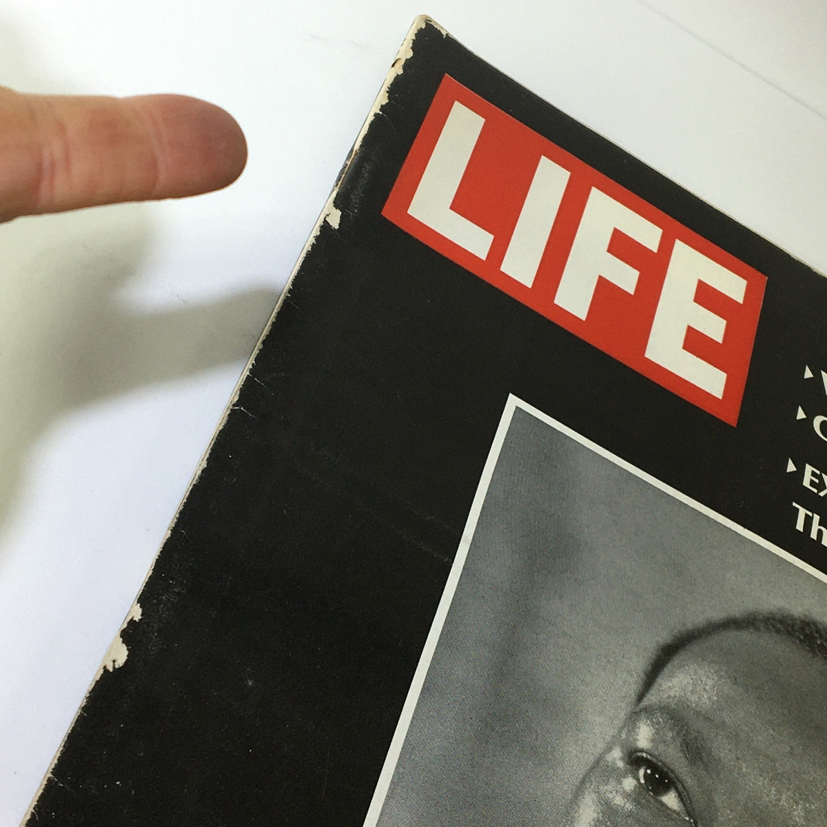 Close-up view of the top section of the April 12, 1968 issue of Life Magazine, featuring Martin Luther King Jr. The magazine displays the iconic 'LIFE' logo, reflecting on a week of shock following King's assassination.