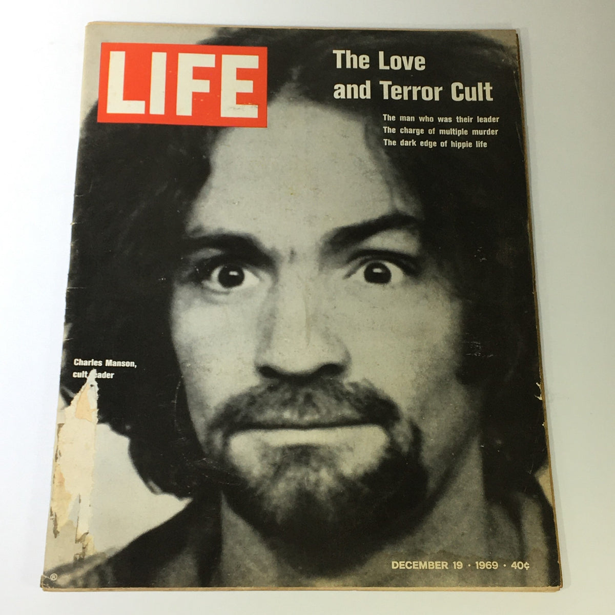 VTG Life Magazine December 19 1969 cover featuring Charles Manson, with bold 'LIFE' title and the headline 'The Love and Terror Cult', showcasing a close-up portrait of Manson.