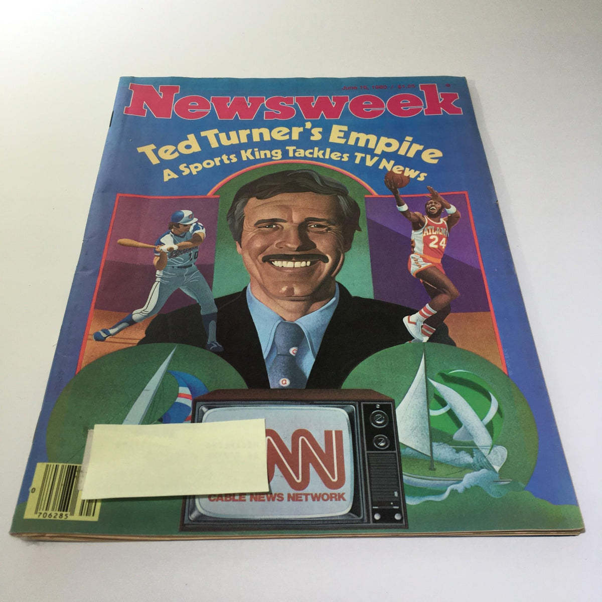 Newsweek Magazine cover from June 16, 1980 featuring the title 'Ted Turner's Empire: A Sports King Tackles TV News'. The cover art includes illustrations of sports figures and a classic television, highlighting Ted Turner's influence in media.