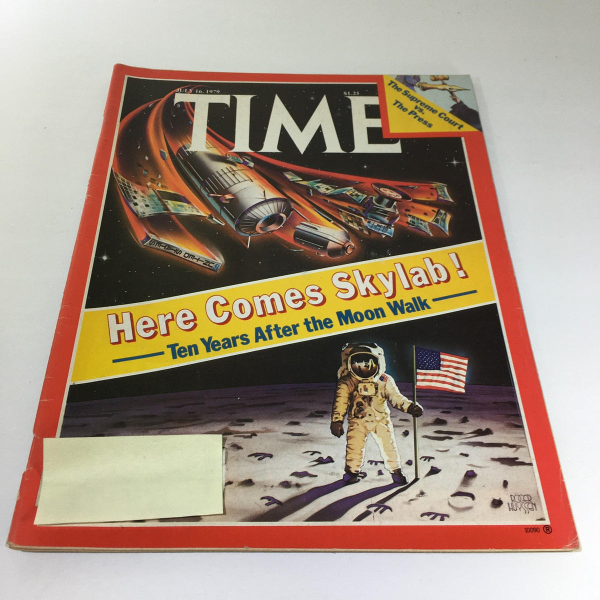 Cover of Time Magazine from July 16, 1979, featuring the headline 'Here Comes Skylab! Ten Years After the Moon Walk.' The illustration showcases Skylab in space with an astronaut holding an American flag on the lunar surface.