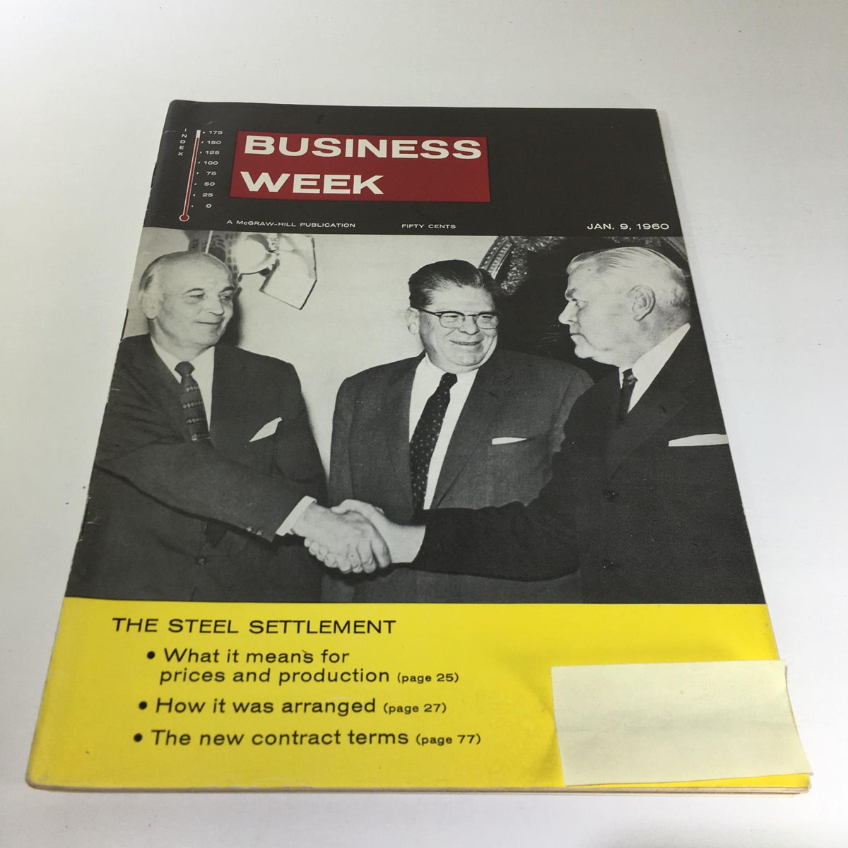 Cover of Business Week Magazine: January 9, 1960 - The Steel Settlement featuring a historical handshake between key figures in the steel industry, highlighting topics such as prices, production, arrangements, and new contract terms.