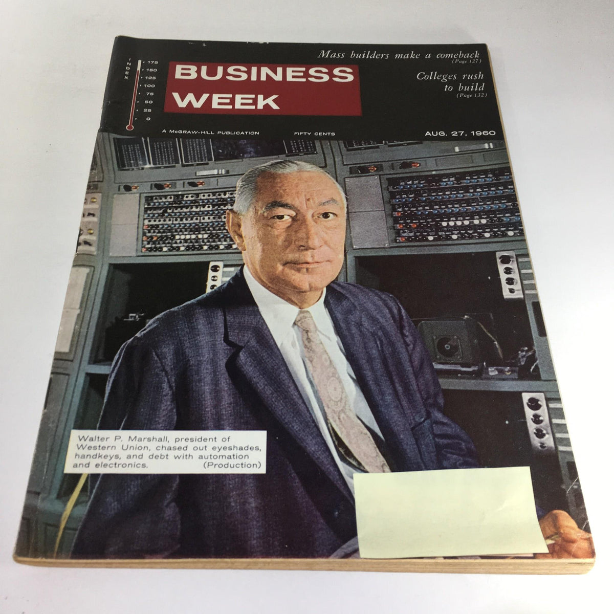 Cover of Business Week Magazine from August 27, 1960, featuring Walter P. Marshall, President of Western Union, with visual elements depicting automation and electronics.