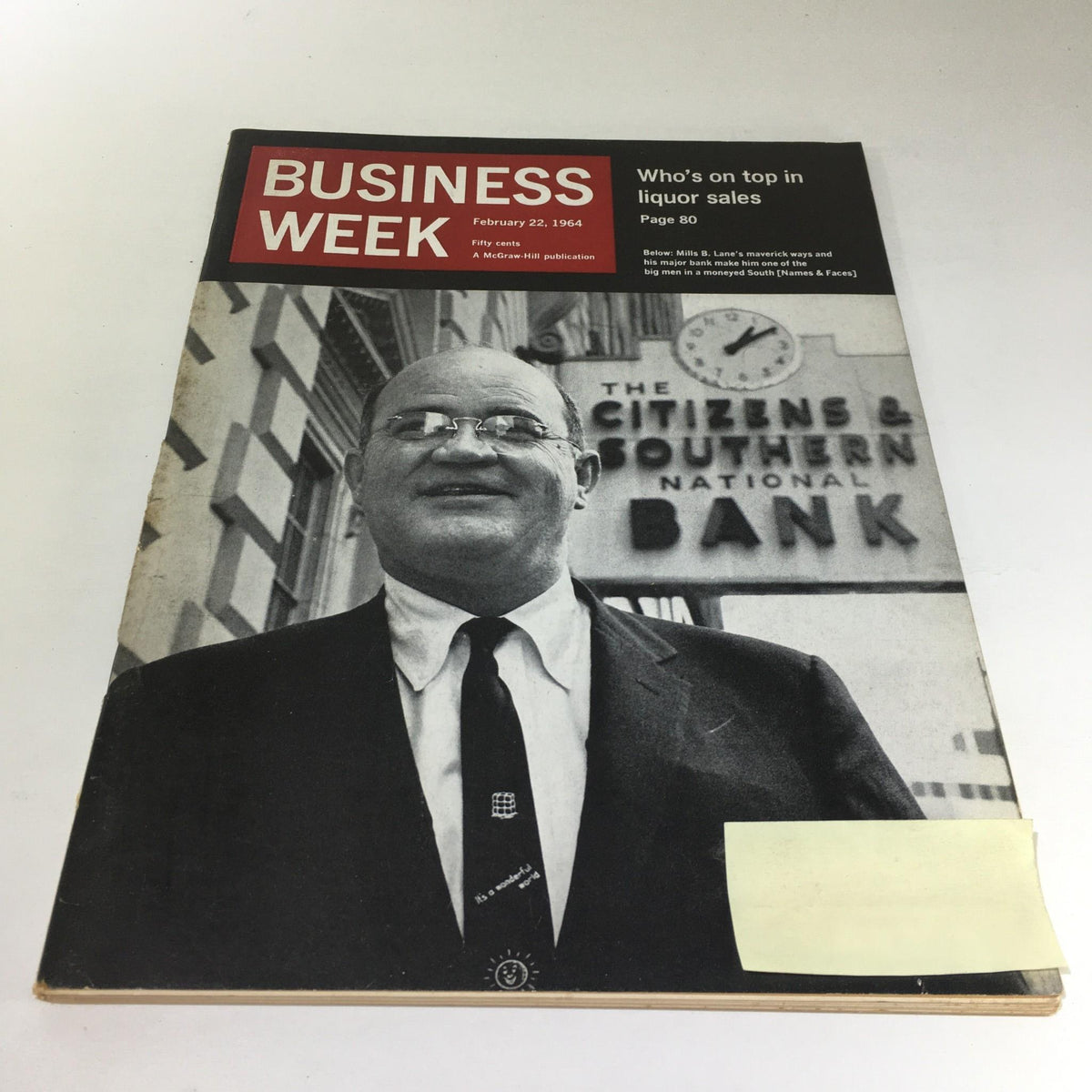 Cover of Business Week Magazine from February 22, 1964, featuring a photograph of Mills B. Lane with a headline about liquor sales and the Citizens & Southern National Bank.