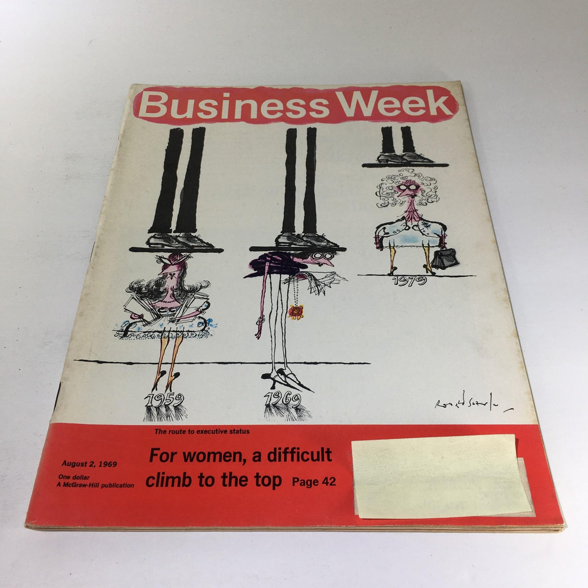Cover of Business Week Magazine dated August 2, 1969 featuring the title 'For Women, A Difficult Climb To The Top'. The illustration depicts women with their legs styled in various fashion while standing on a floor that transitions from 1959 to 1979, reflecting the challenges faced by women in the workplace, a key theme of the issue.