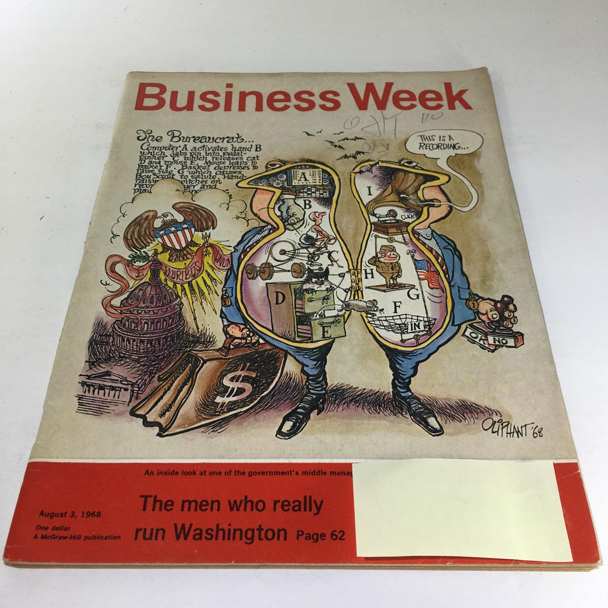 Cover of Business Week Magazine from August 3, 1968, featuring a cartoon illustration of bureaucrats and the government. The cover story titled 'The Men Who Really Run Washington' is highlighted, showcasing political dynamics of the late 1960s.