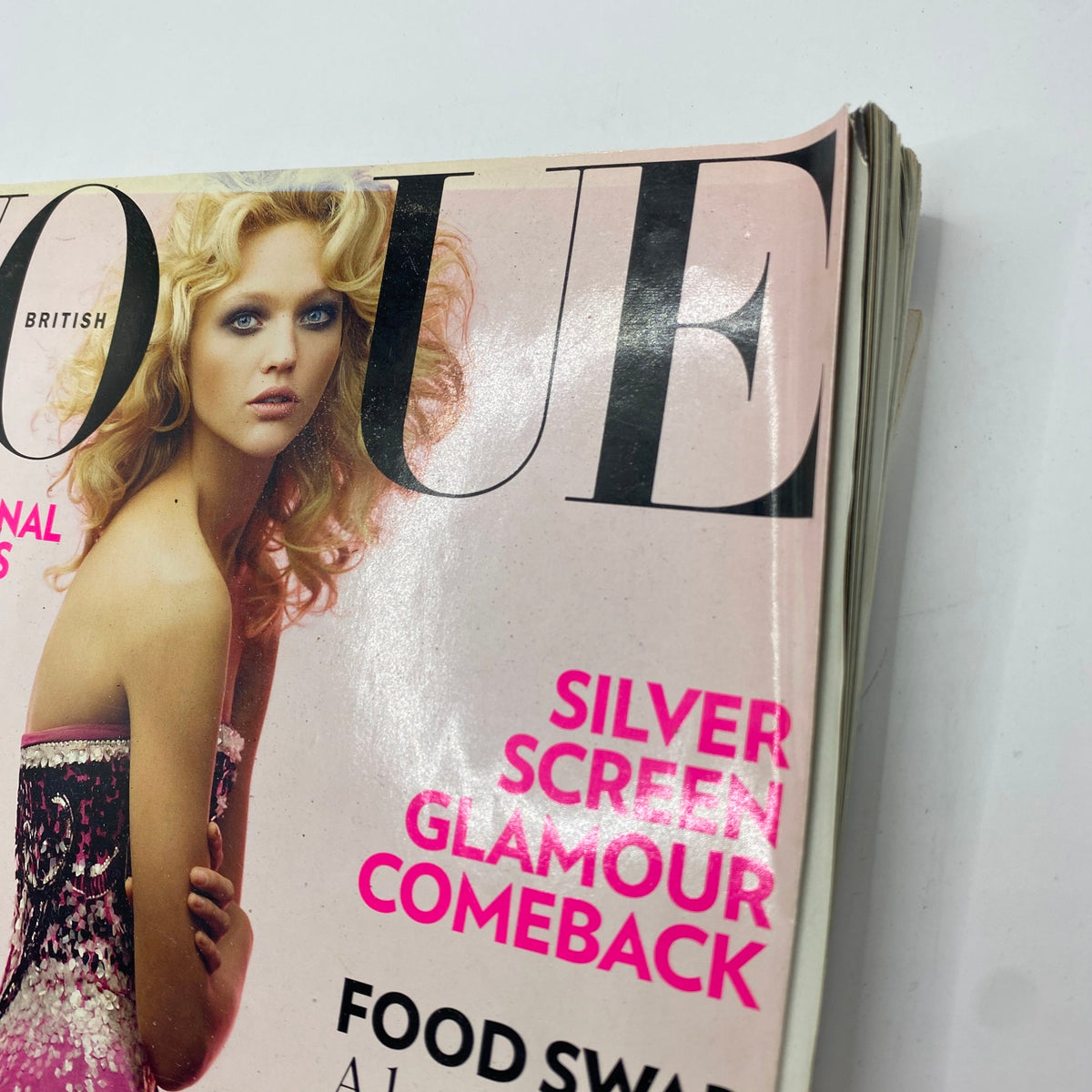 Close-up of the Vogue UK Magazine September 2007 Sasha Pivovarova Cover highlighting the cover text Silver Screen Glamour Comeback, showcasing the magazine's focus on fashion and beauty.