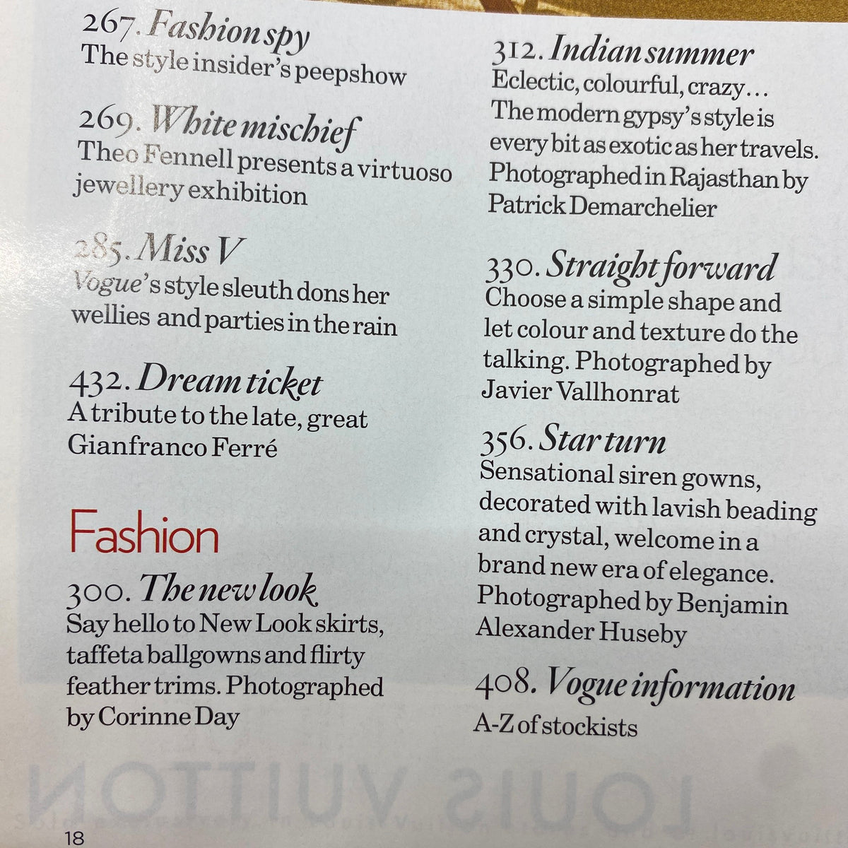 Contents page of Vogue UK Magazine September 2007 listing various fashion articles, including Fashion Spy, White Mischief, and a tribute to Gianfranco Ferré, reflecting the issue's style insights.