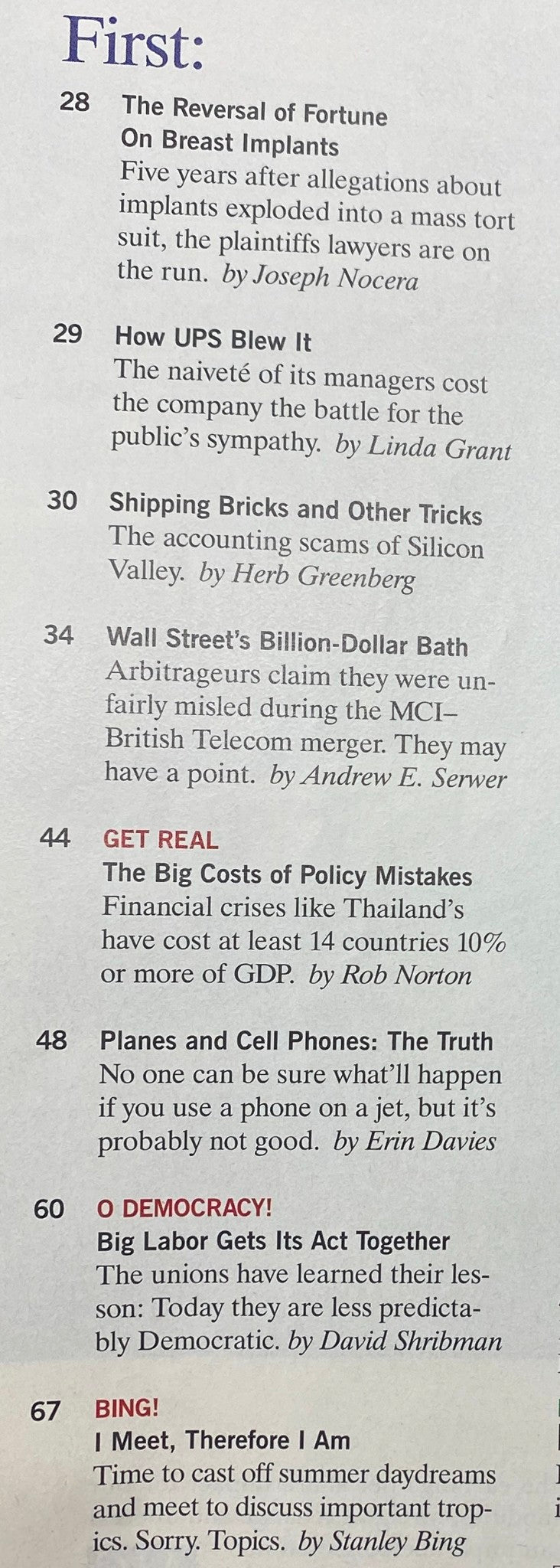 Contents of Fortune Magazine September 29, 1997, highlighting articles such as 'The Reversal of Fortune On Breast Implants' and discussions on finance and business strategies.