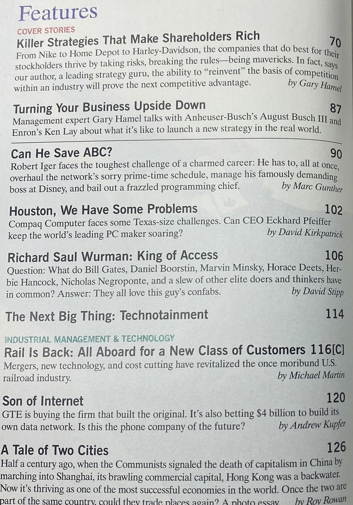 Inside features page of Fortune Magazine June 23, 1997, presenting articles including 'Killer Strategies That Make Shareholders Rich' and 'Can He Save ABC?', highlighting strategic insights from notable figures.