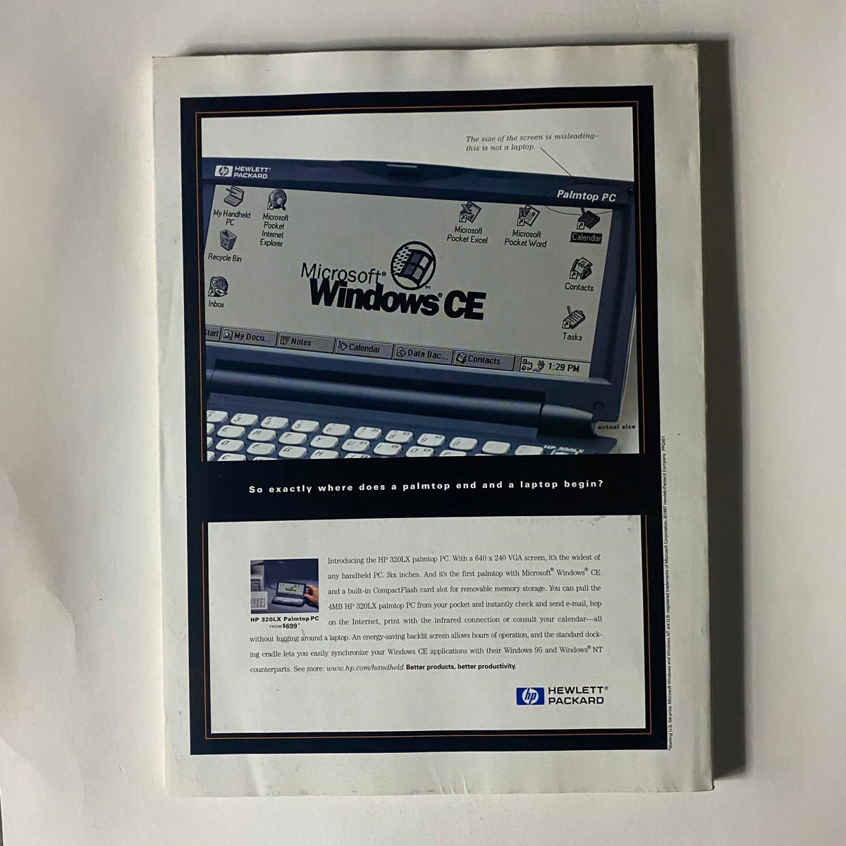 Back cover of Fortune Magazine July 7, 1997 featuring an advertisement for Hewlett-Packard's HP 320LX Palmtop PC, promoting its features and functionality.