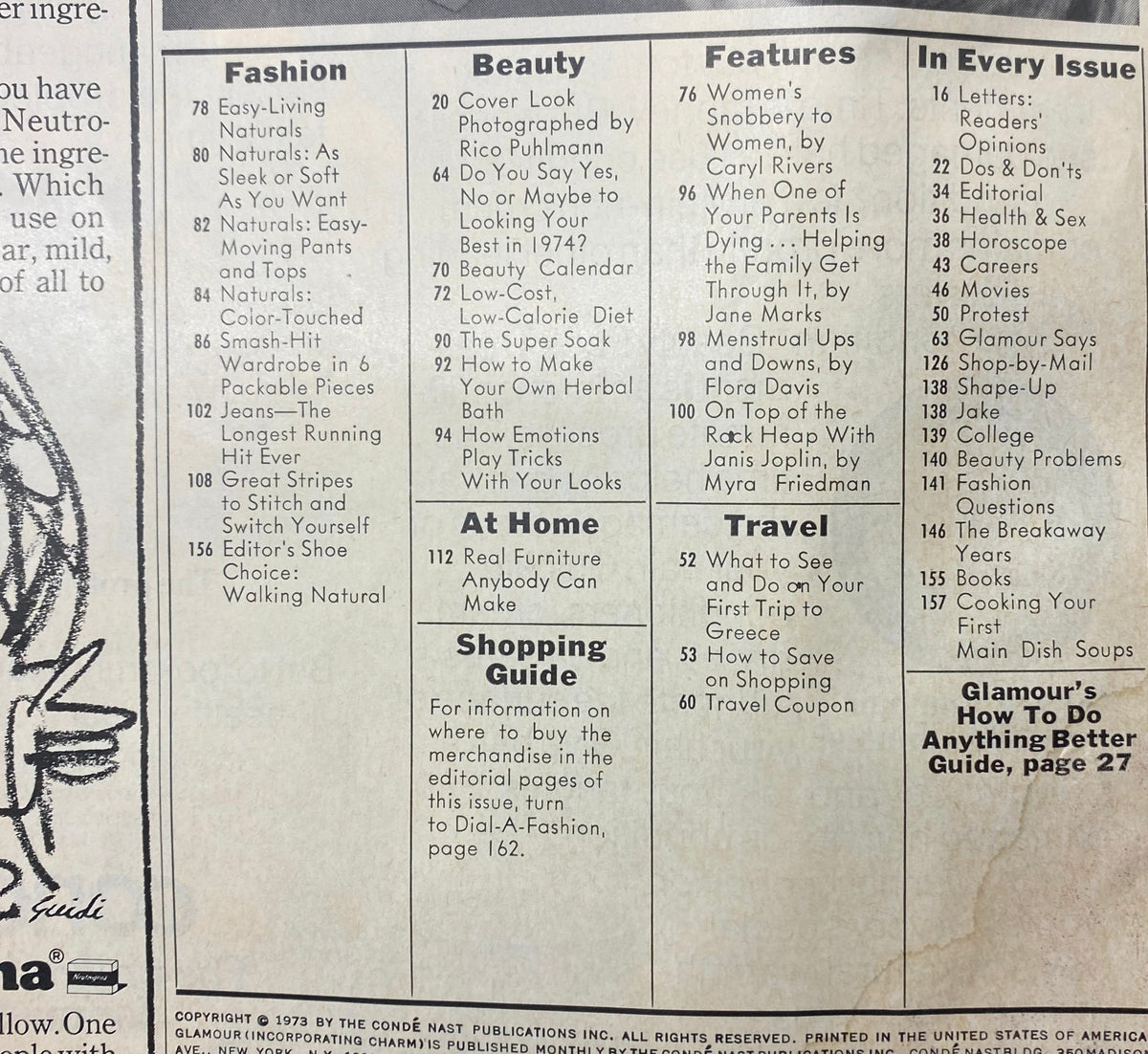 Table of contents from Glamour Magazine January 1974, listing articles on fashion, beauty, and lifestyle topics.