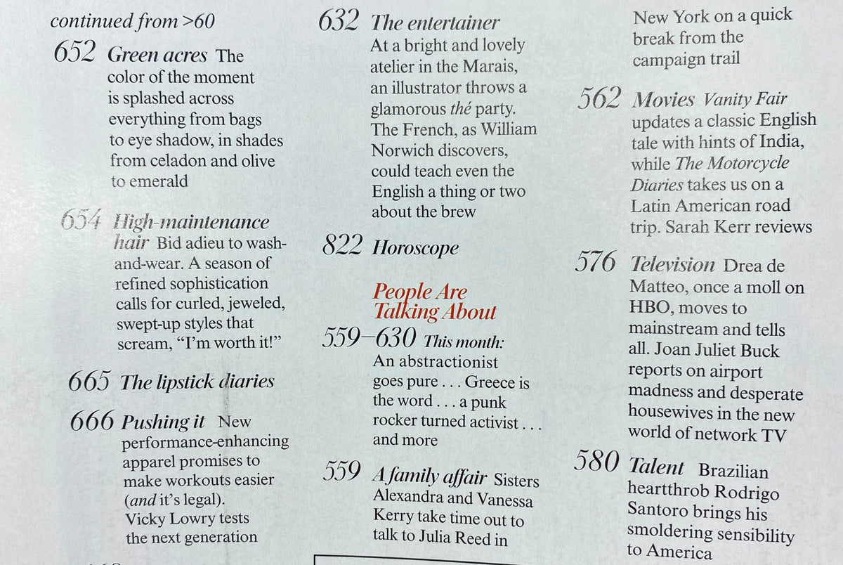 Content page from Vogue Magazine September 2004 listing articles including Green Acres, Horoscope, and television highlights, demonstrating the magazine's diverse topics.