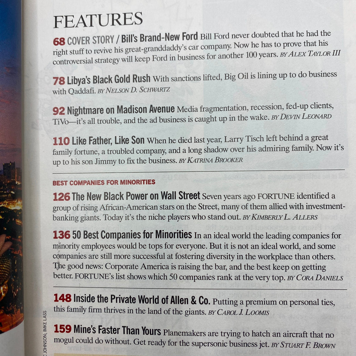 Inside page of Fortune Magazine featuring the article list, including a cover story on Bill Ford and other economic topics reflecting the early 2000s.