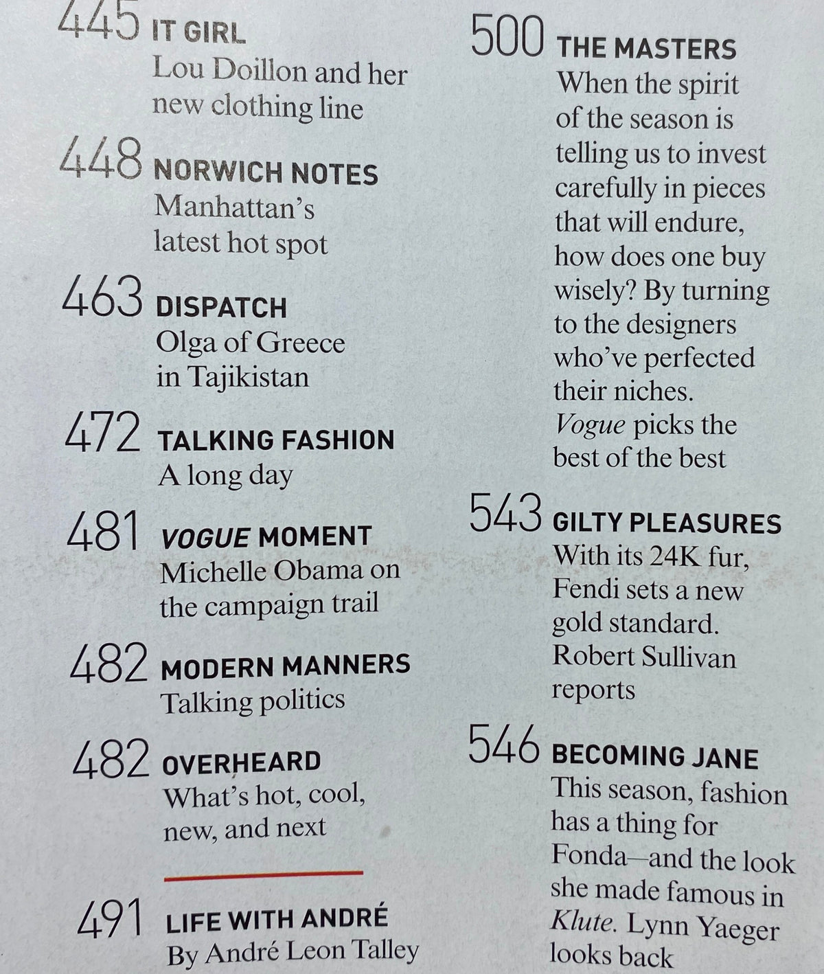 Table of contents from Vogue Magazine September 2008, including articles such as 'It Girl', 'Norwich Notes', and insights on fashion and politics.