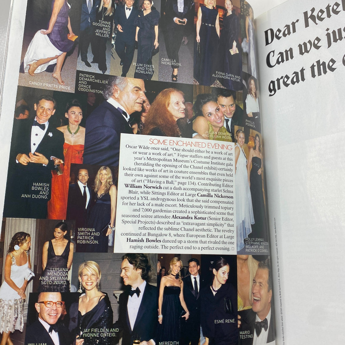 Feature page from Vogue Magazine July 2005 showcasing celebrities at the Metropolitan Museum of Art Costume Institute gala, featuring Kate Winslet.