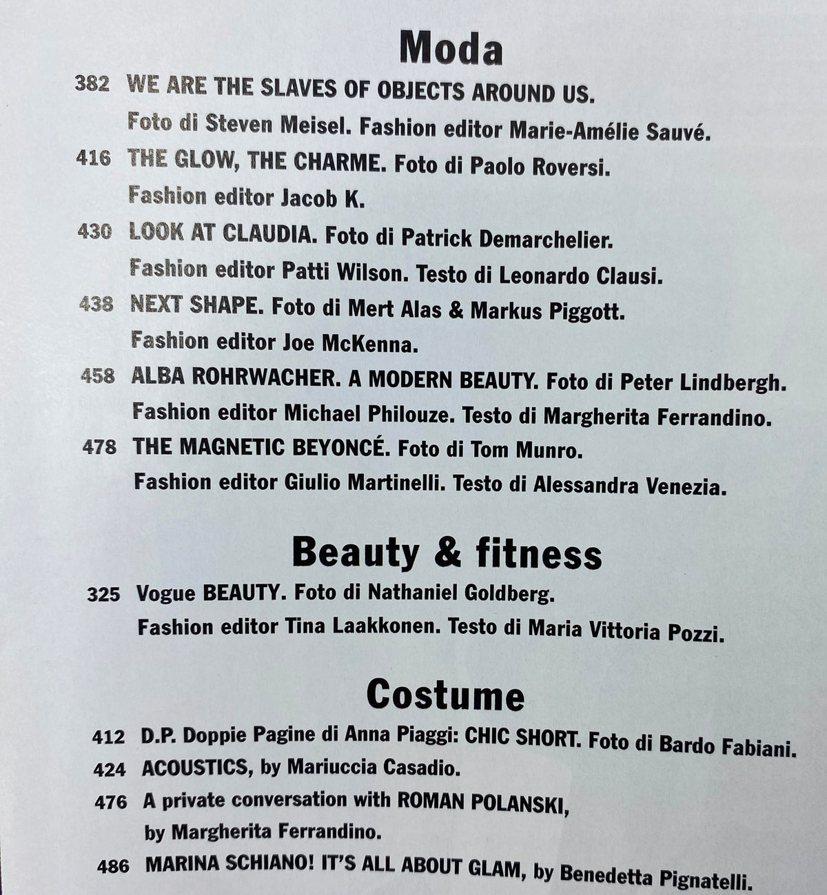 Details page from Vogue Magazine 2009 Spring's Fearless Fashions showcasing fashion editorials with notable photographers and models.