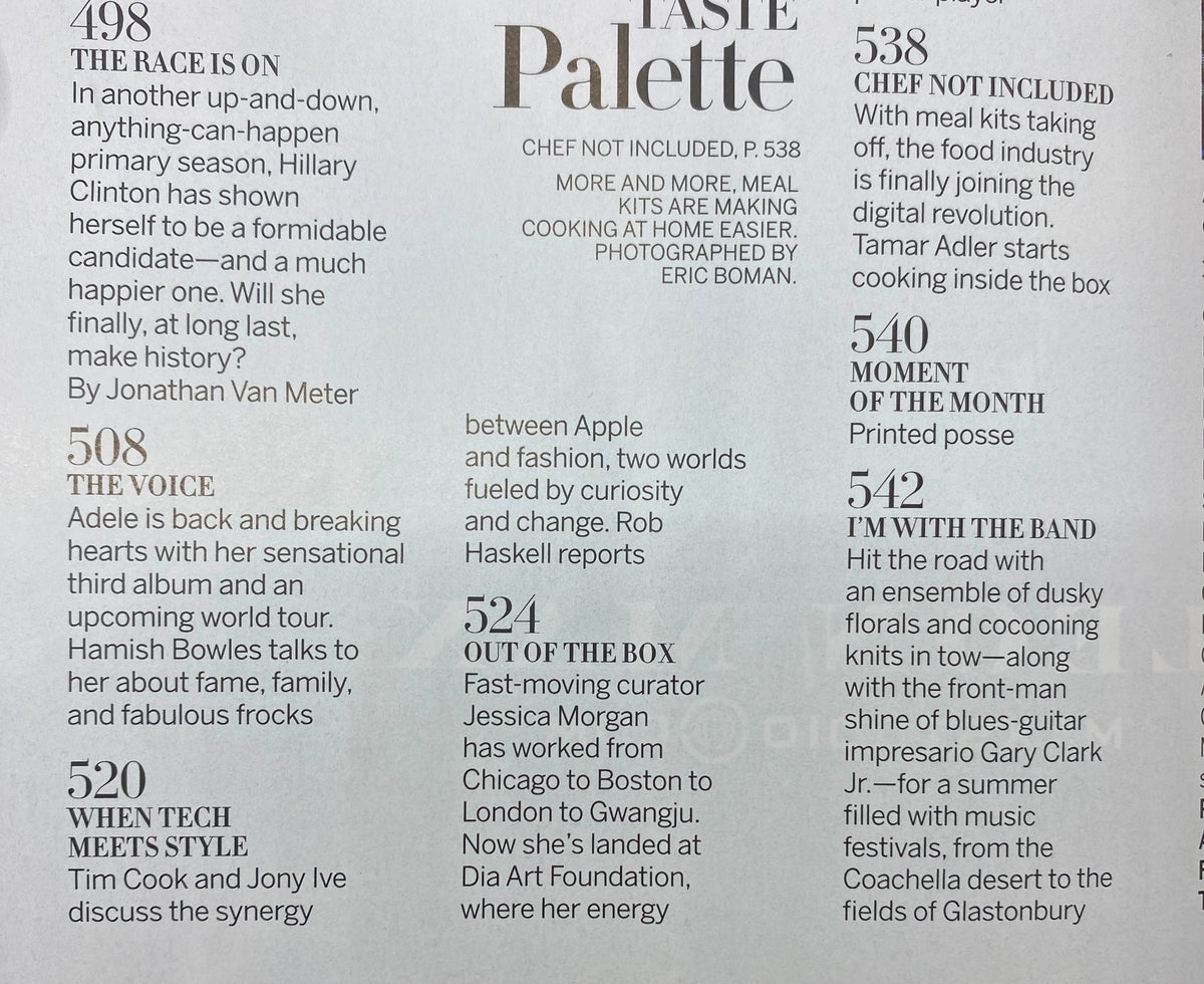 Table of contents from Vogue Magazine March 2016, highlighting feature articles and interviews including Adele.