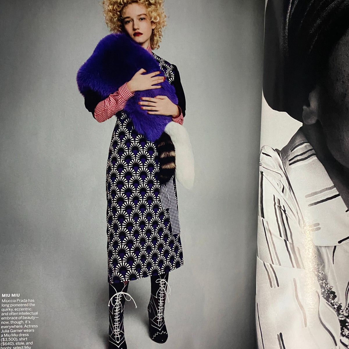 Fashion editorial photo showcasing a model in a striking outfit, featured in Vogue Magazine March 2016.