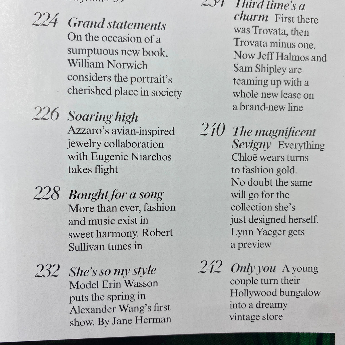 Vogue Magazine November 2007 article page featuring sections titled 'Grand statements', 'Soaring high', and 'Bought for a song'. Highlights fashion collaborations and notable trends.